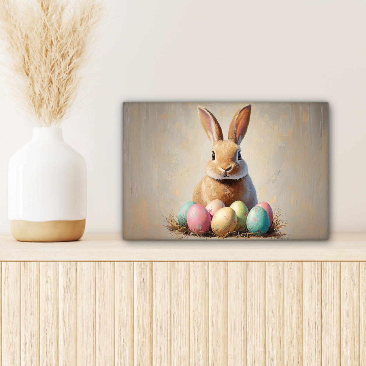 LEINWANDBILD Osterhase - Pastell - Eier Deko Schlafzimmer 30x20 cm - Beige, Textil (30/20cm) - MuchoWow