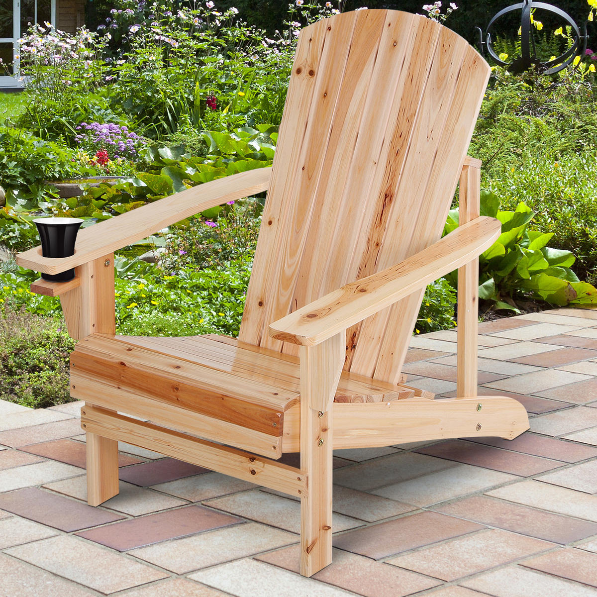 ADIRONDACK-GARTENSTUHL mit Becherhalter Gartenliege Balkonstuhl Massivholz Natur - Fichtefarben, Holz (95/93/72cm) - Outsunny
