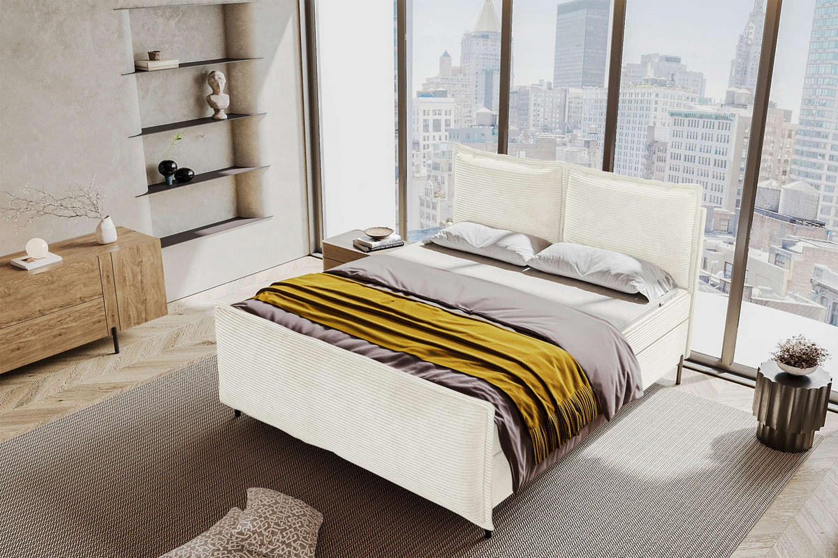 BOXSPRINGBETT VERO PLUS Cordstoff Creme 140/200 cm - Creme/Schwarz, Holzwerkstoff/Textil (140/200cm) - 99rooms