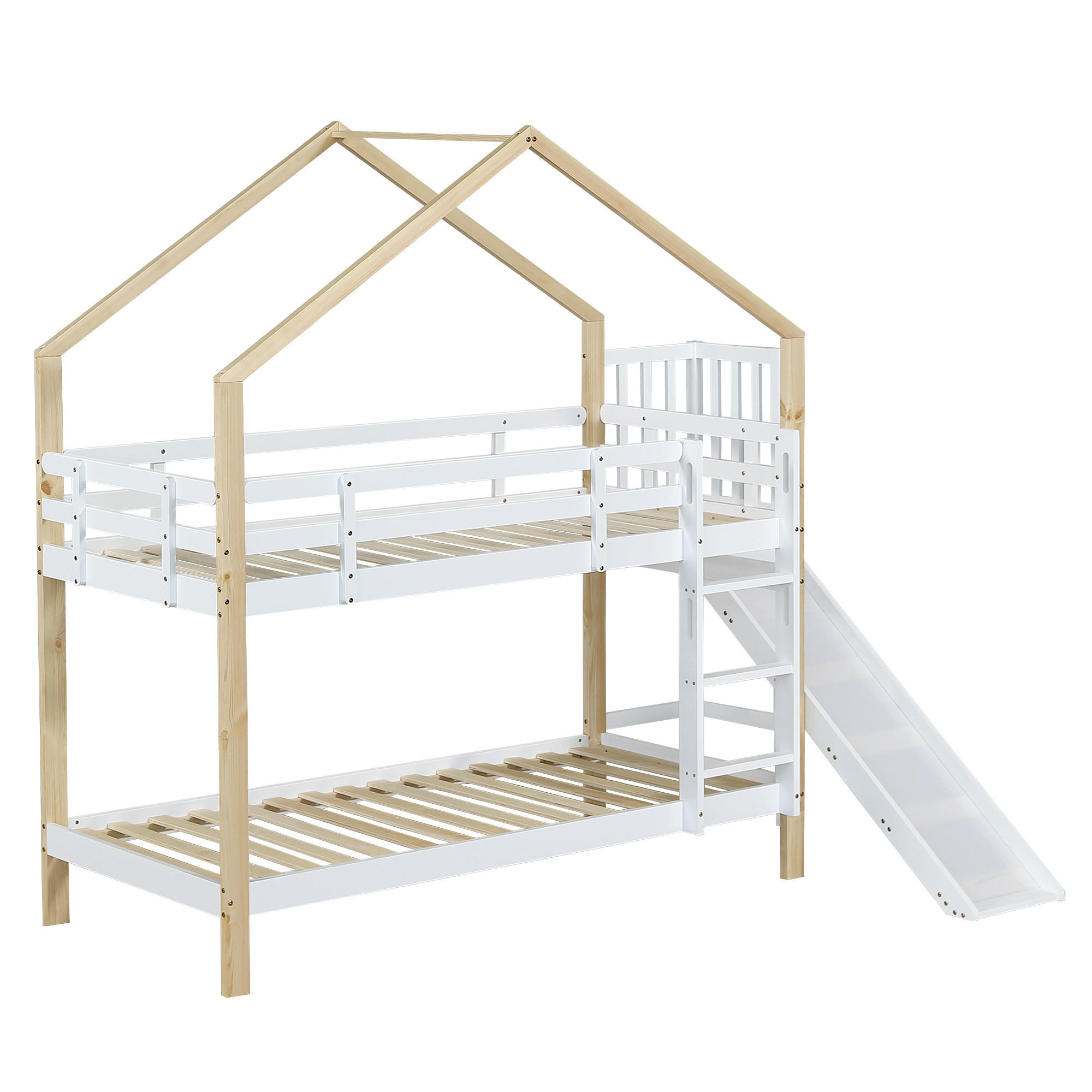 ETAGENBETT Mit Rutsche Weiß/Natur 90x200 cm - Weiß, Holz (90/200cm) - ComfortXL