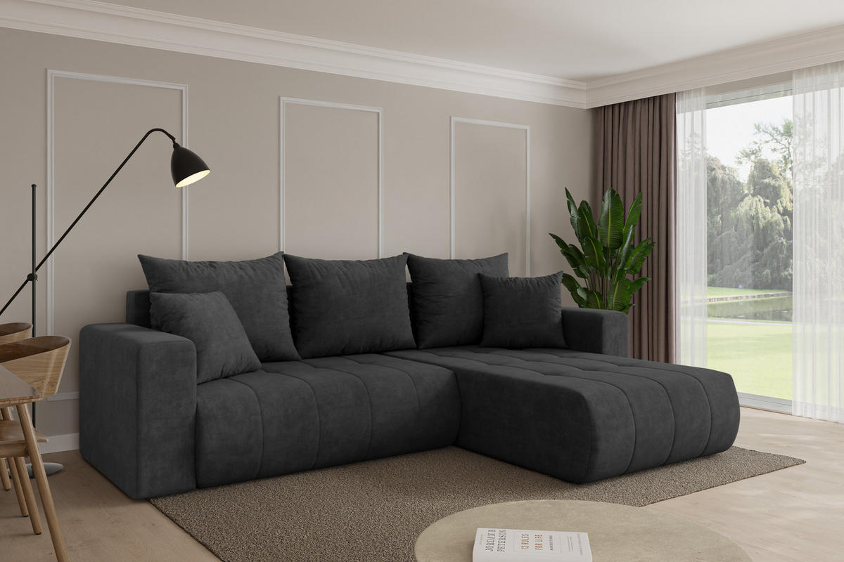 ROHOVÁ SEDAČKA s funkcí spaní, otoman vpravo MILA-L 277x194x86 tmavě šedá velur - černá/antracitová, kompozitní dřevo/textil (277/194cm) - ALTDECOR