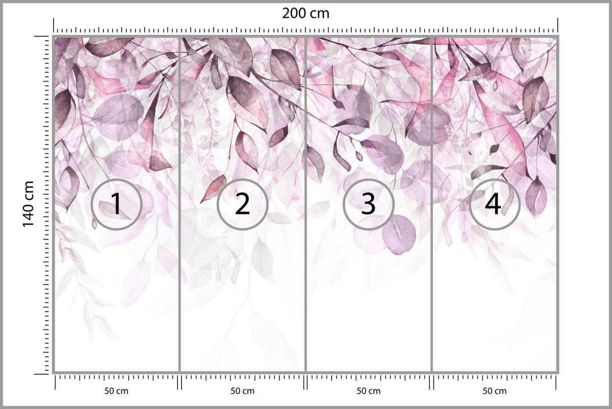 FOTOTAPETA Pre Spálňu Akvarel Jemné Ružové Listy Botanická 200 x 140 cm - biela/fialová, papier (200/140cm) - Muralo