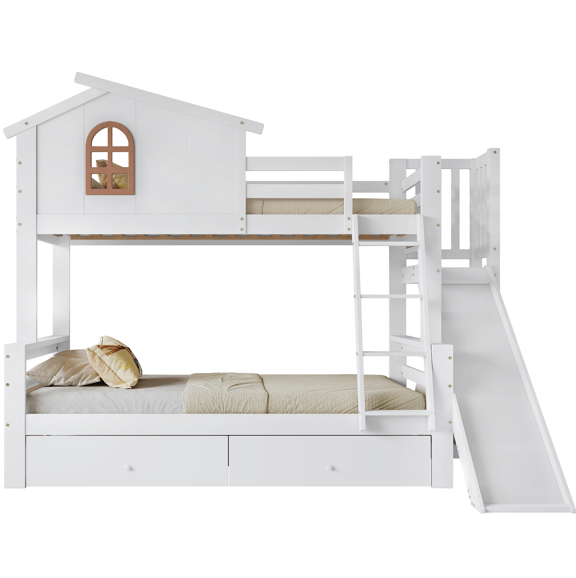 ETAGENBETT 90/200 & 120/200 cm mit Rutsche und 2 Schubladen in Weiß - Weiß, Holz (90/200cm) - BEAOK