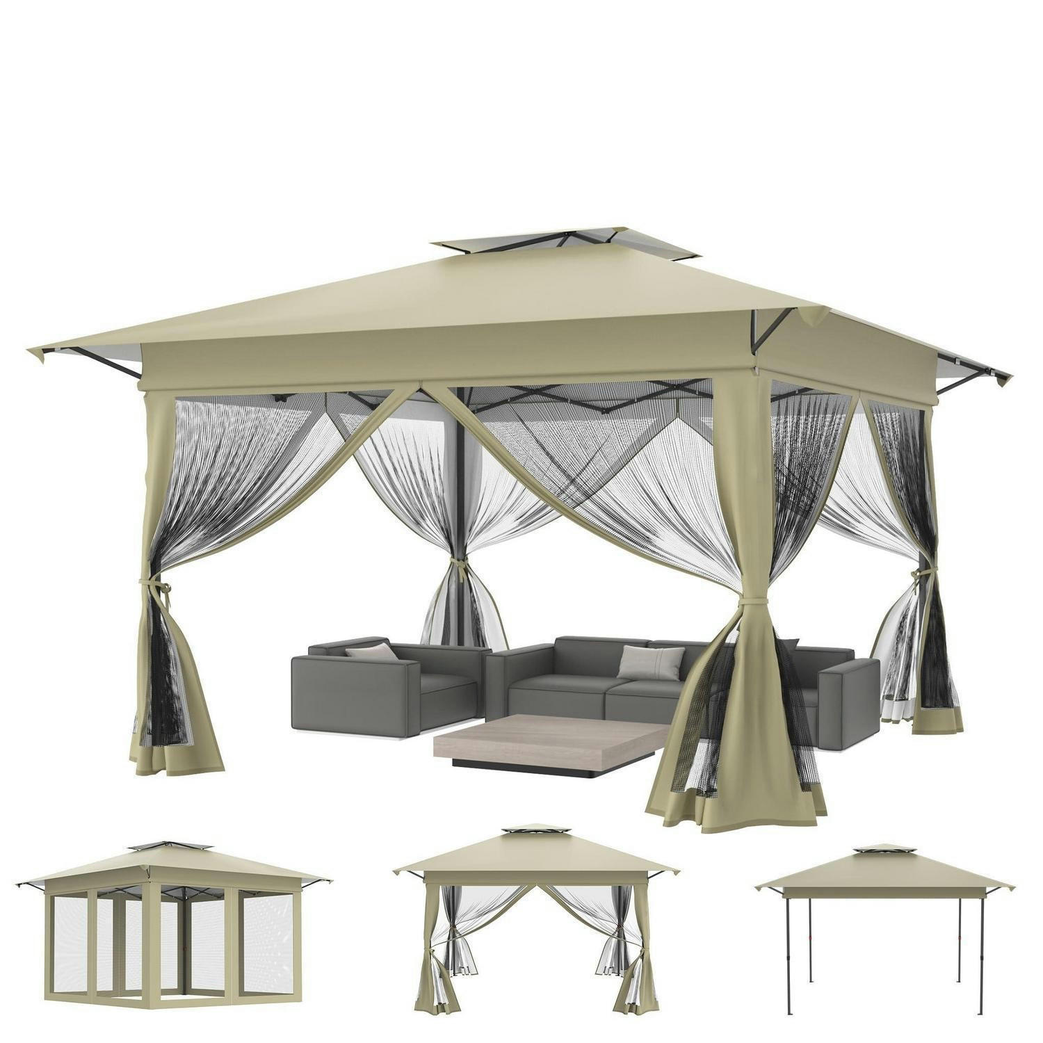 GARTENPAVILLON 4 x 4 m mit Moskitonetz Khaki - Olivgrün, Metall (400/285/400cm)