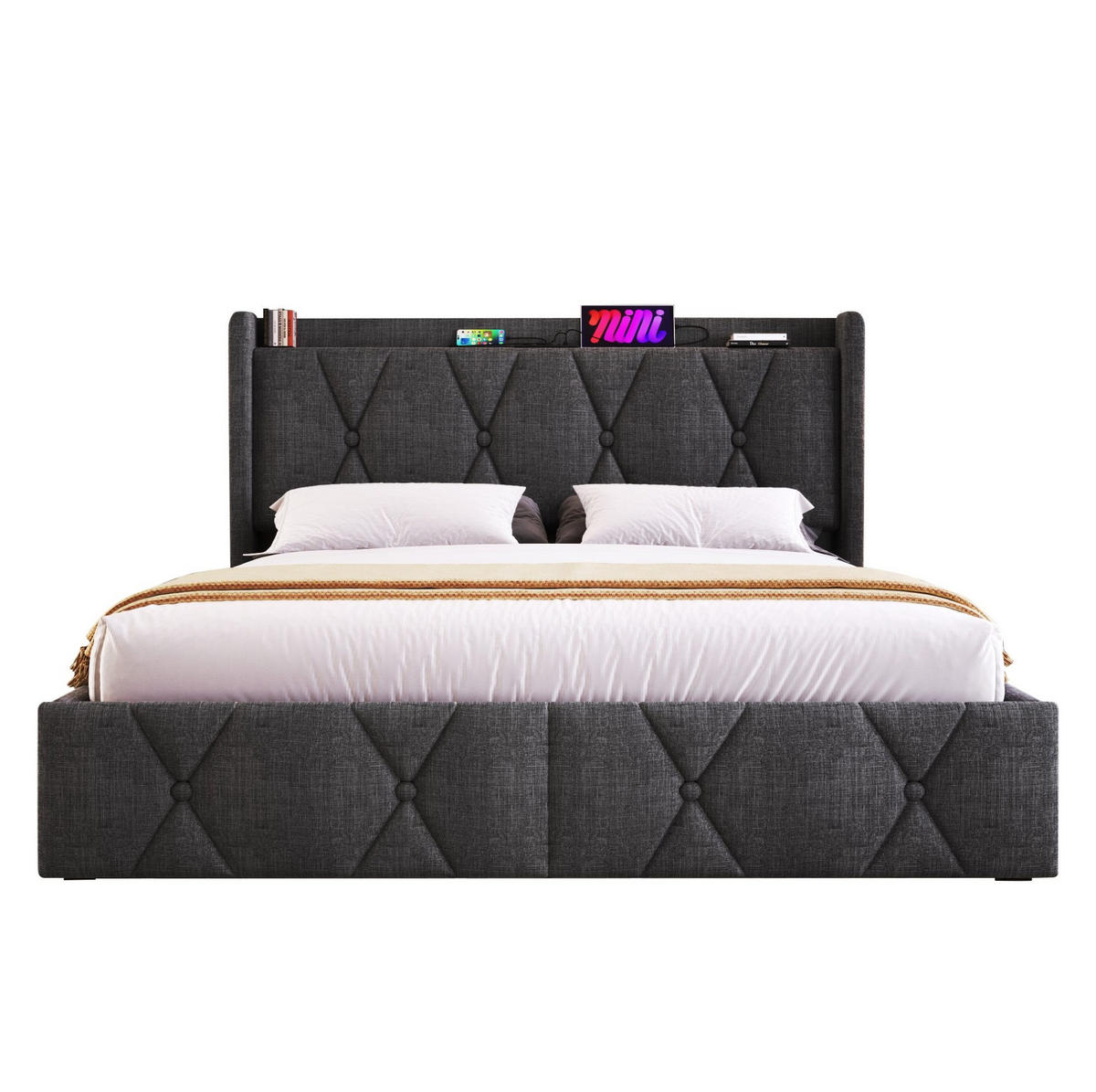 POLSTERBETT 140/200 cm Grau mit USB-Ladefunktion und 4 Schubladen ohne Matratze - Grau, Textil (140/200cm) - OKWISH