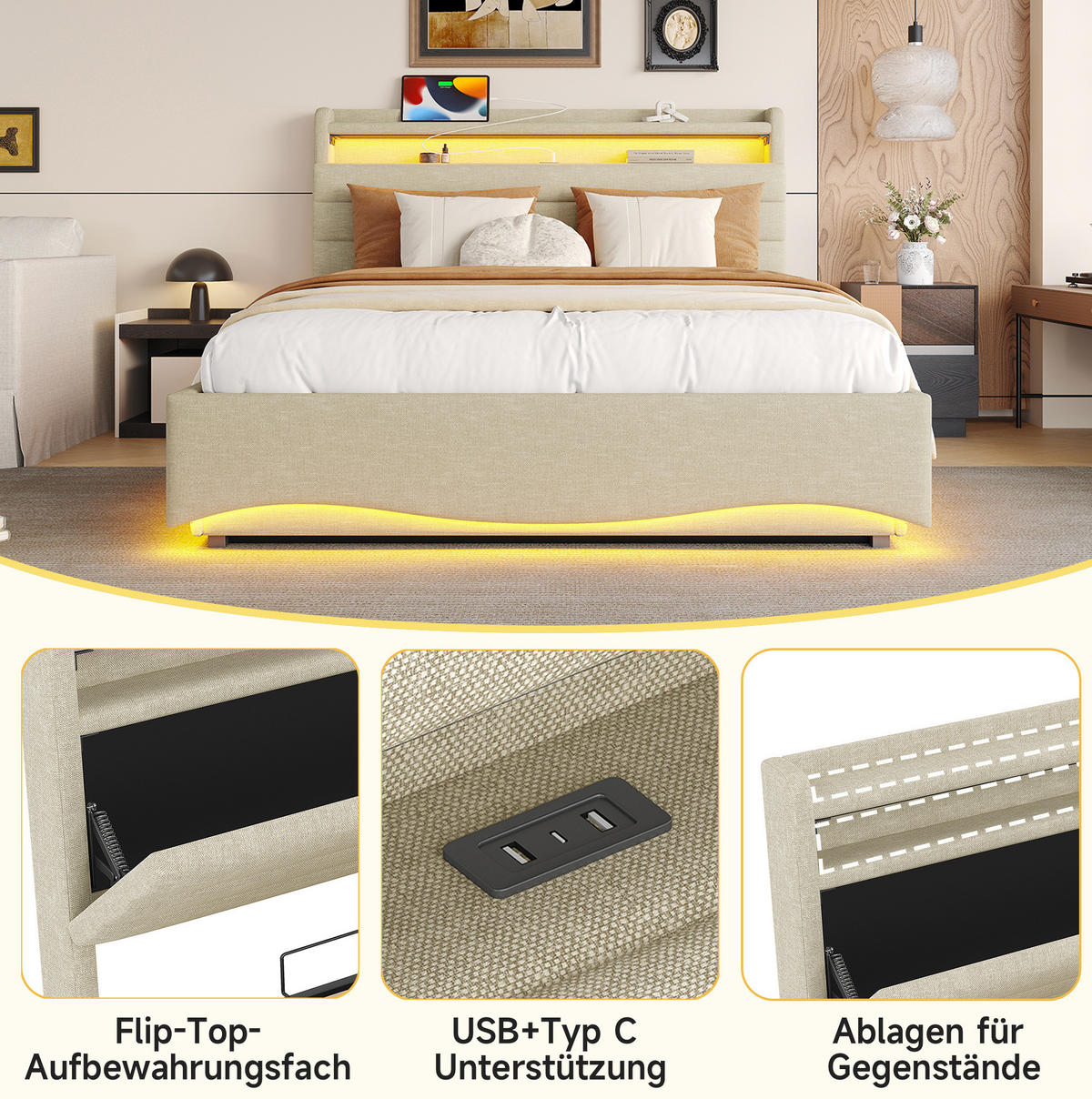 POLSTERBETT 140/200 cm Beige aus Leinen mit LED-Beleuchtung und Stauraum - Beige, Textil (140/200cm) - OKMYHOME