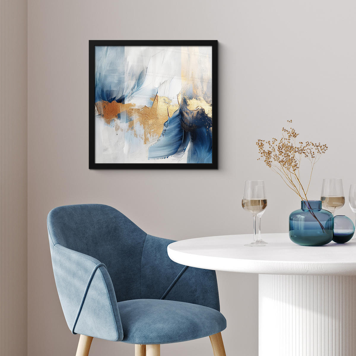 POSTER MIT RAHMEN Gold - Blau - Aquarell - Kunst - Modern 40x40 cm - Hellblau, Papier (40/40cm) - MuchoWow