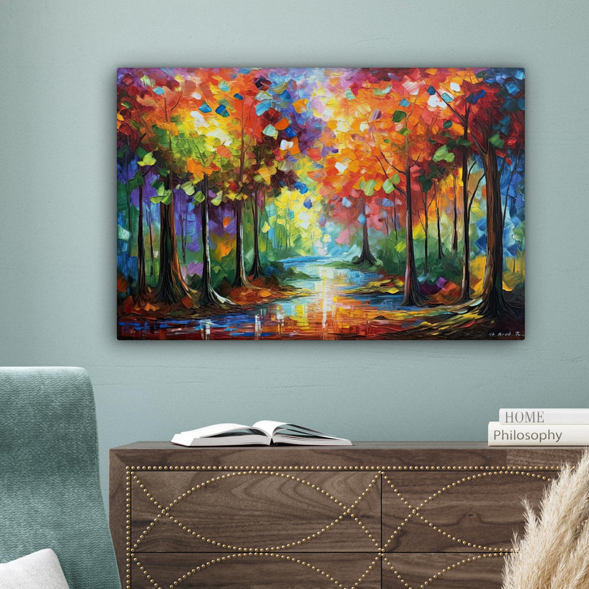 LEINWANDBILD Landschaft - Wald - Farben - Natur Gemälde 60x40 cm - Multicolor, Textil (60/40cm) - MuchoWow