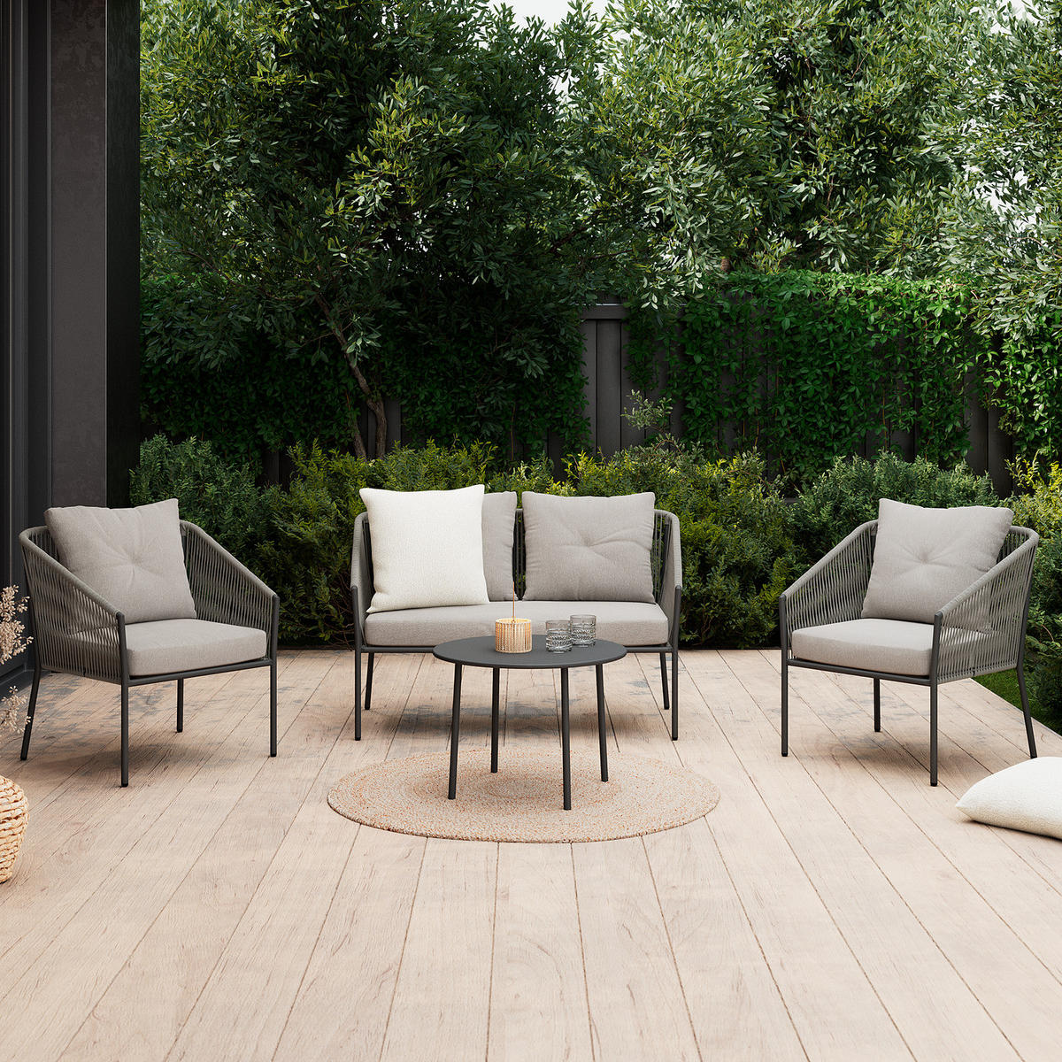 GARTENSITZGRUPPE - Eisen / Polyester - Anthrazit / Beige - 4-teilig - Anthrazit/Braun, Textil/Metall - home24