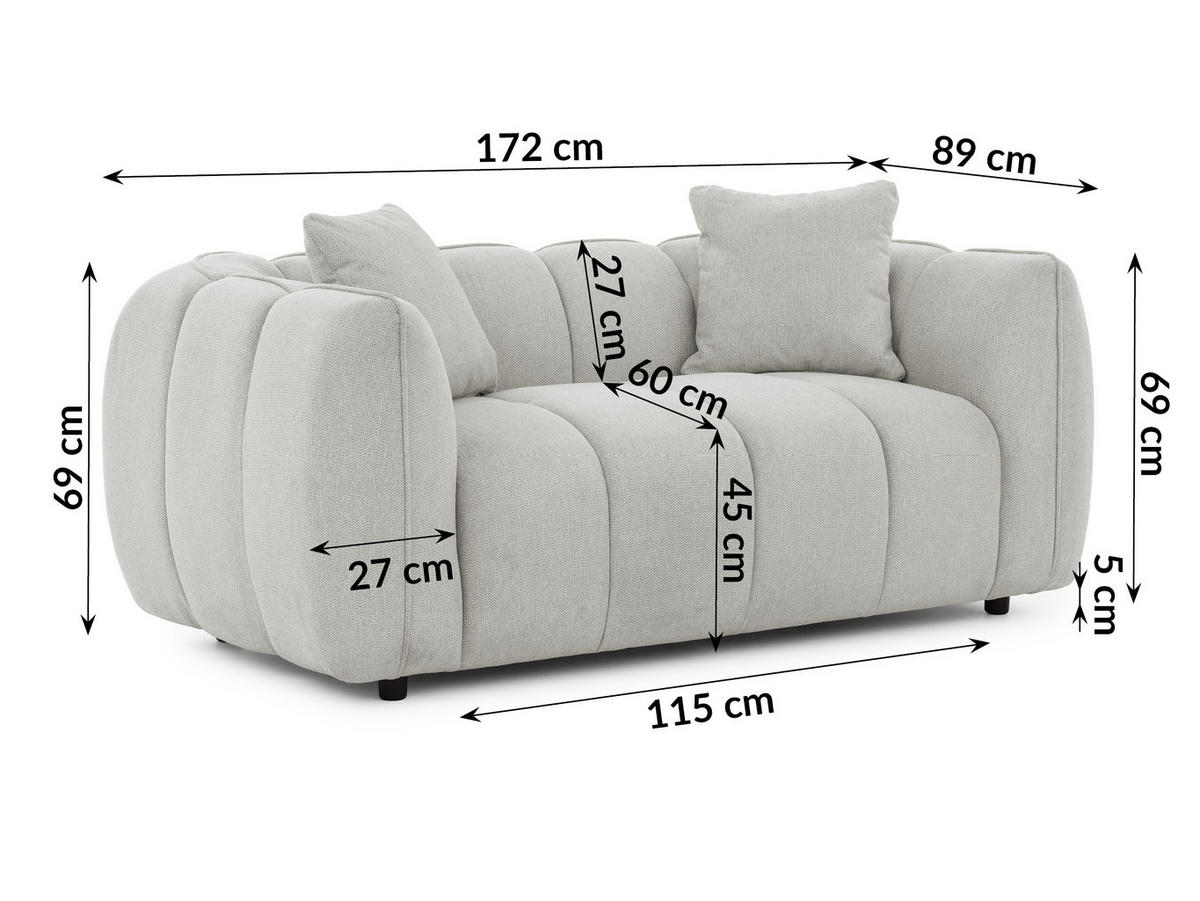 2-SITZER SOFA Nubira in tief gesteppter Bubble-Optik aus weichem Hellgrau Strukturstoff im modernen Design - Hellgrau/Schwarz, Holz/Kunststoff (172/69/89cm) - S-Style Möbel
