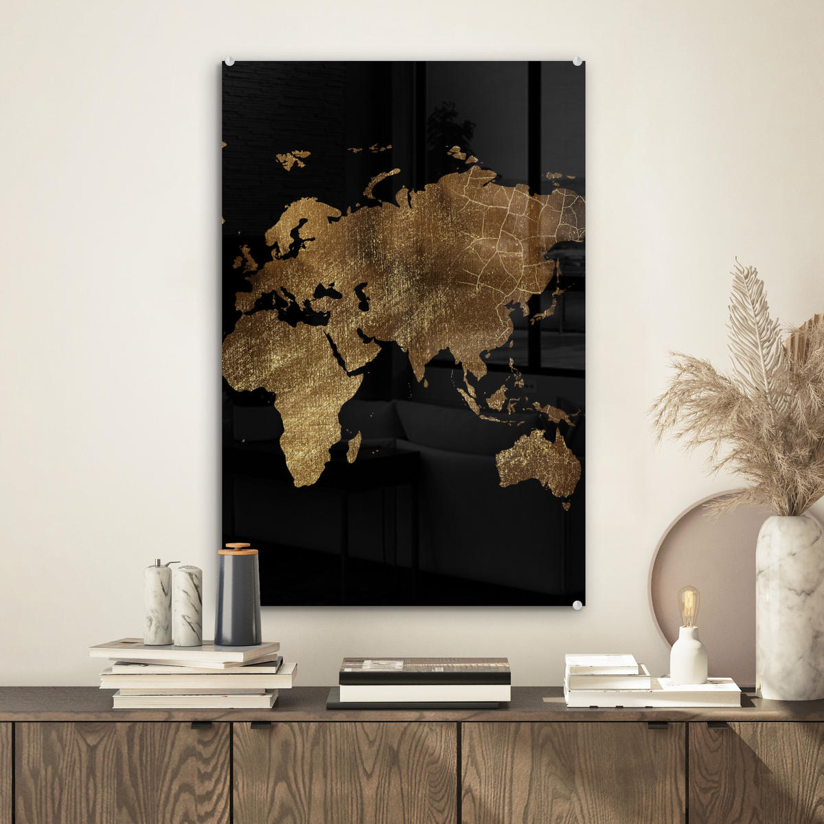 ACRYLGLASBILD Weltkarte - Gold - Luxus - Erde - Schwarz 40x60 cm - Goldfarben, Glas (40/60cm) - MuchoWow