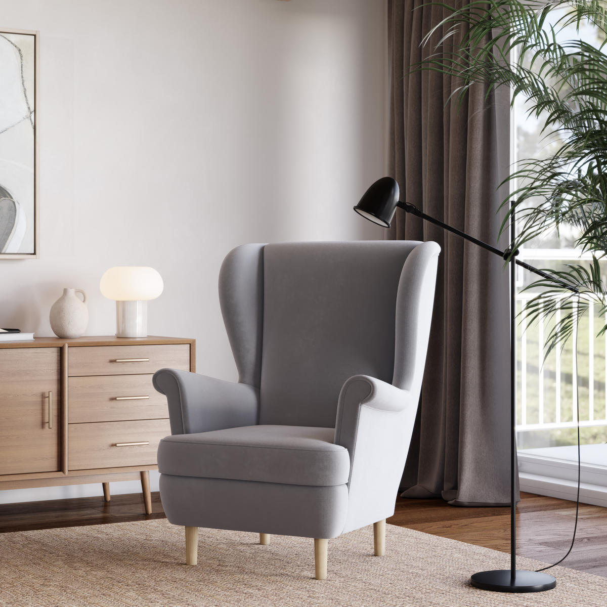 SESSEL LENTIO Ohrensessel Polstersessel, Hellgrau - Hellgrau, Holz/Holzwerkstoff (75/103/75cm) - MASSENO