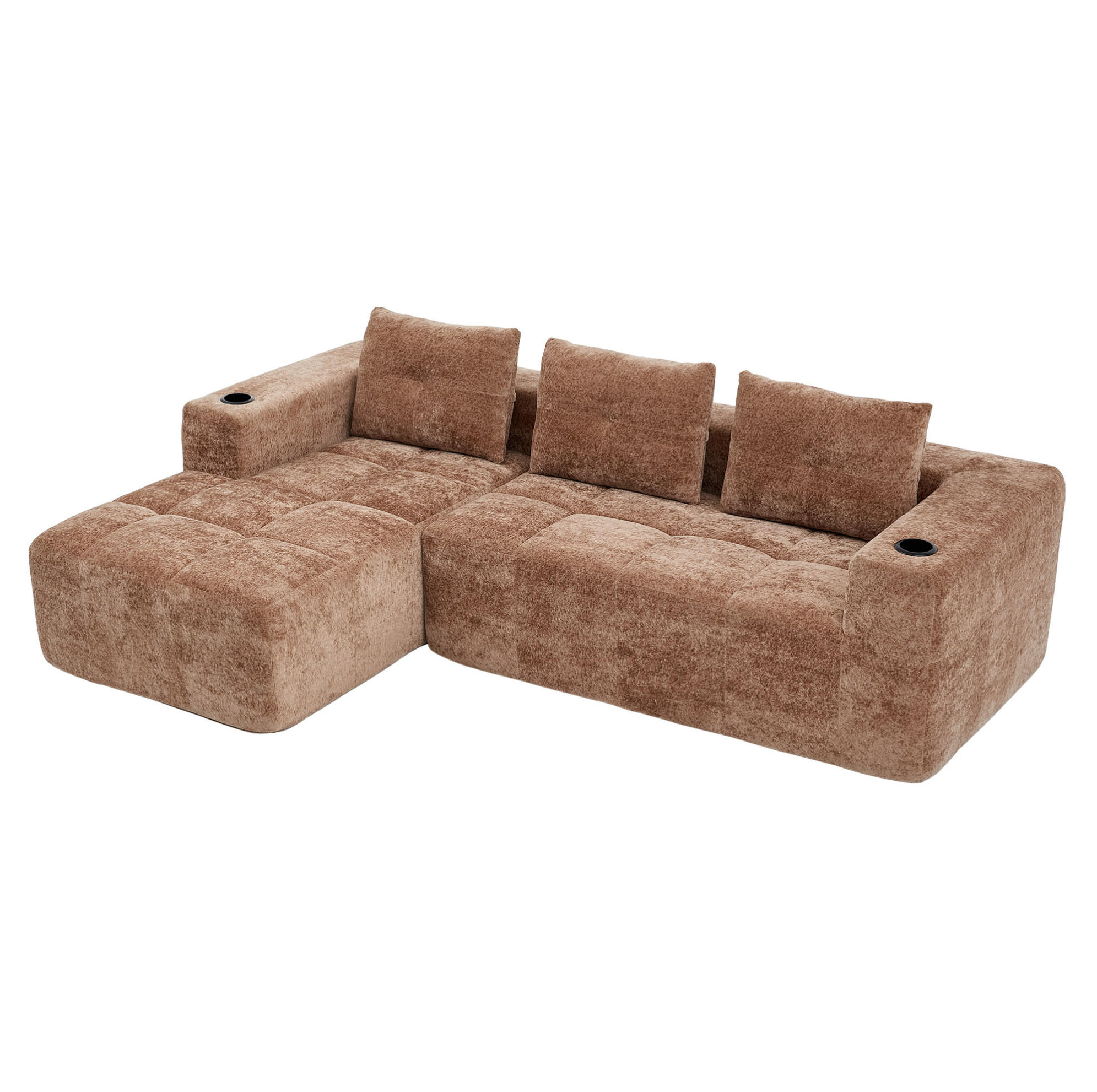ECKSOFA 258 cm mit Becherhaltern, tiefem Sitzkomfort und Chenille-Bezug, Hellbraun - Hellbraun, Textil (258/163cm) - Redom