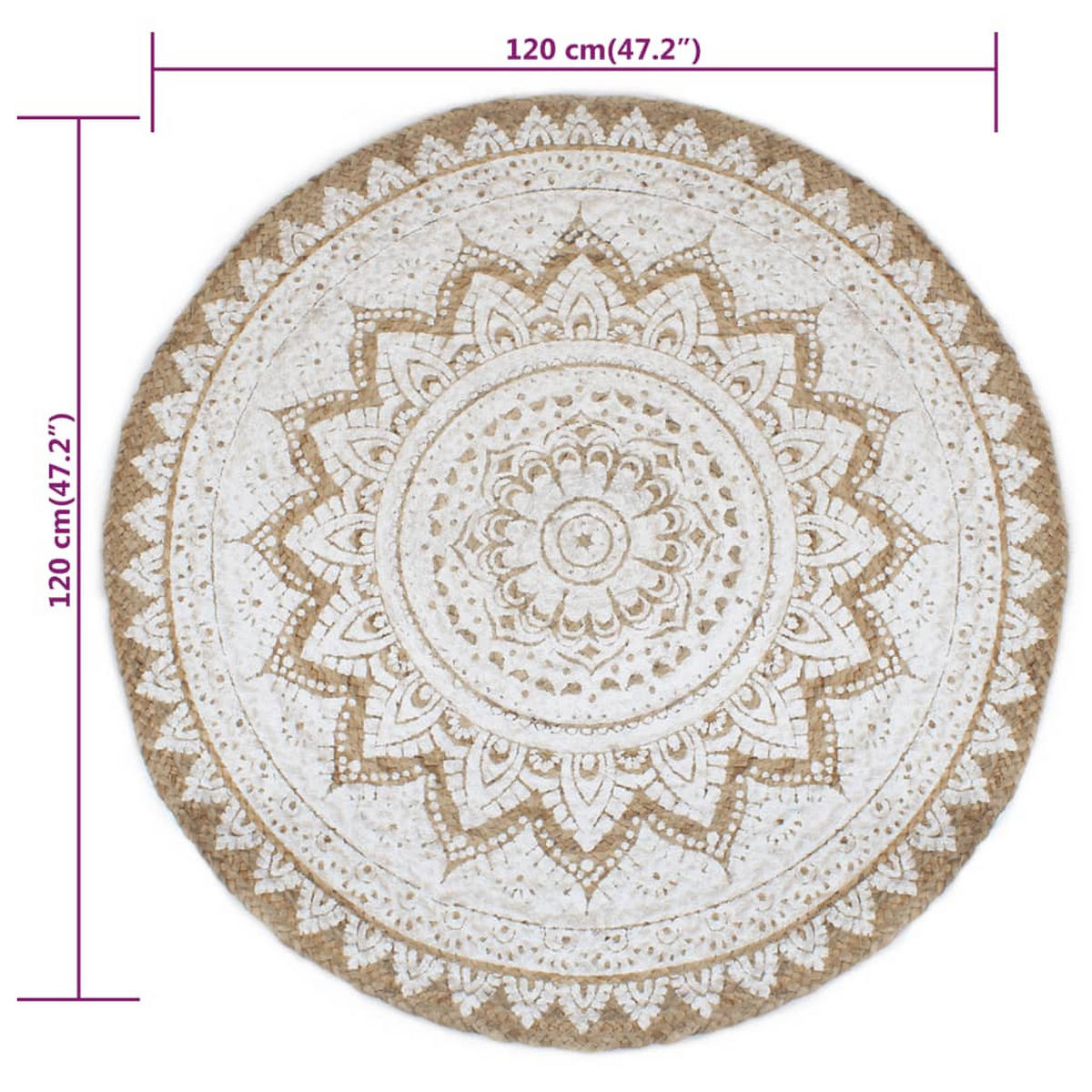 HANDWEBTEPPICH mit Mandala-Druck Rund 120 cm aus Geflochtene Jute - Naturfarben, Textil (120/120cm) - vidaXL