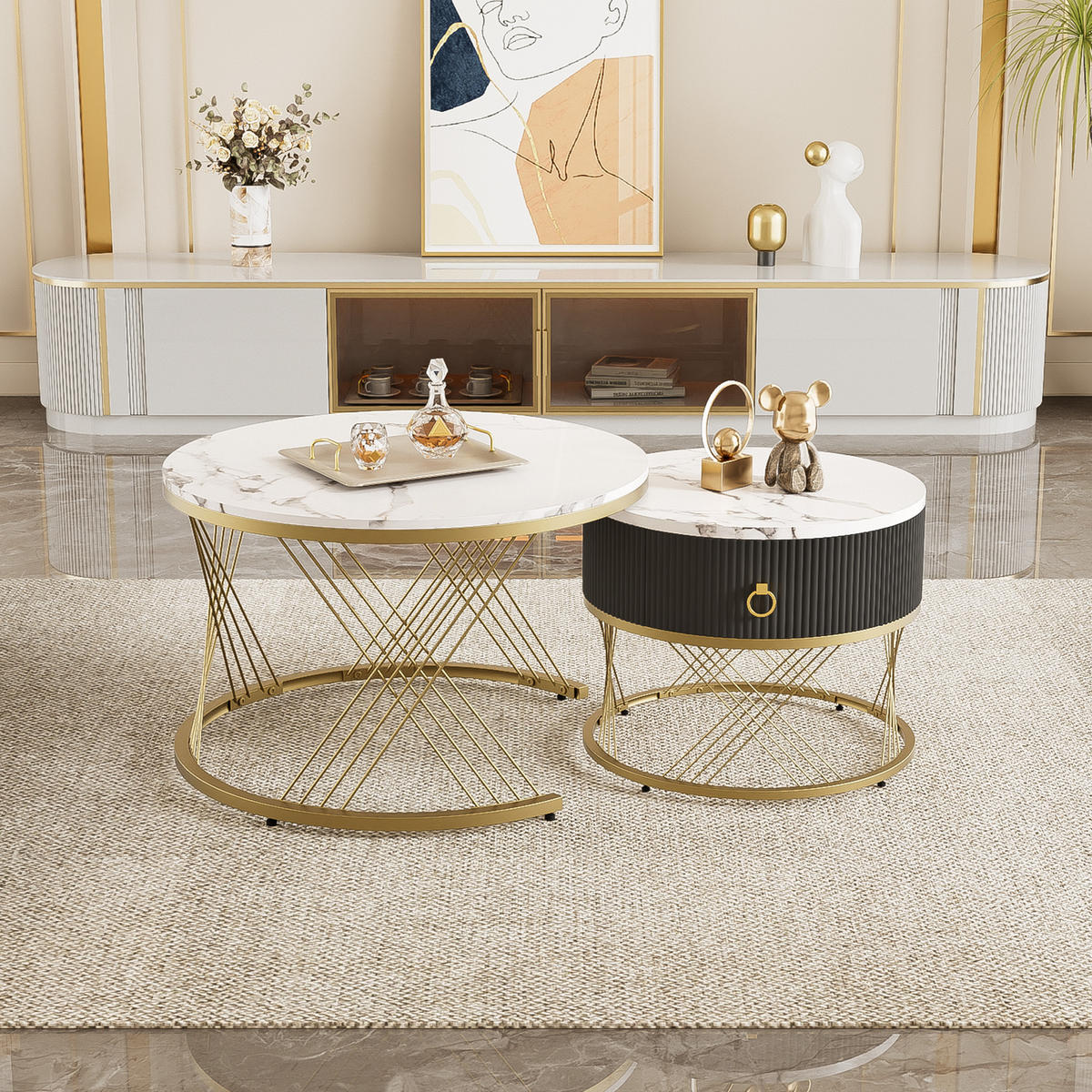 COUCHTISCH-SET aus MDF 70x70x45 cm Weiß-Gold mit Schublade und verstellbaren Füßen - Weiß, Holzwerkstoff (70/70/45cm) - IVMEU