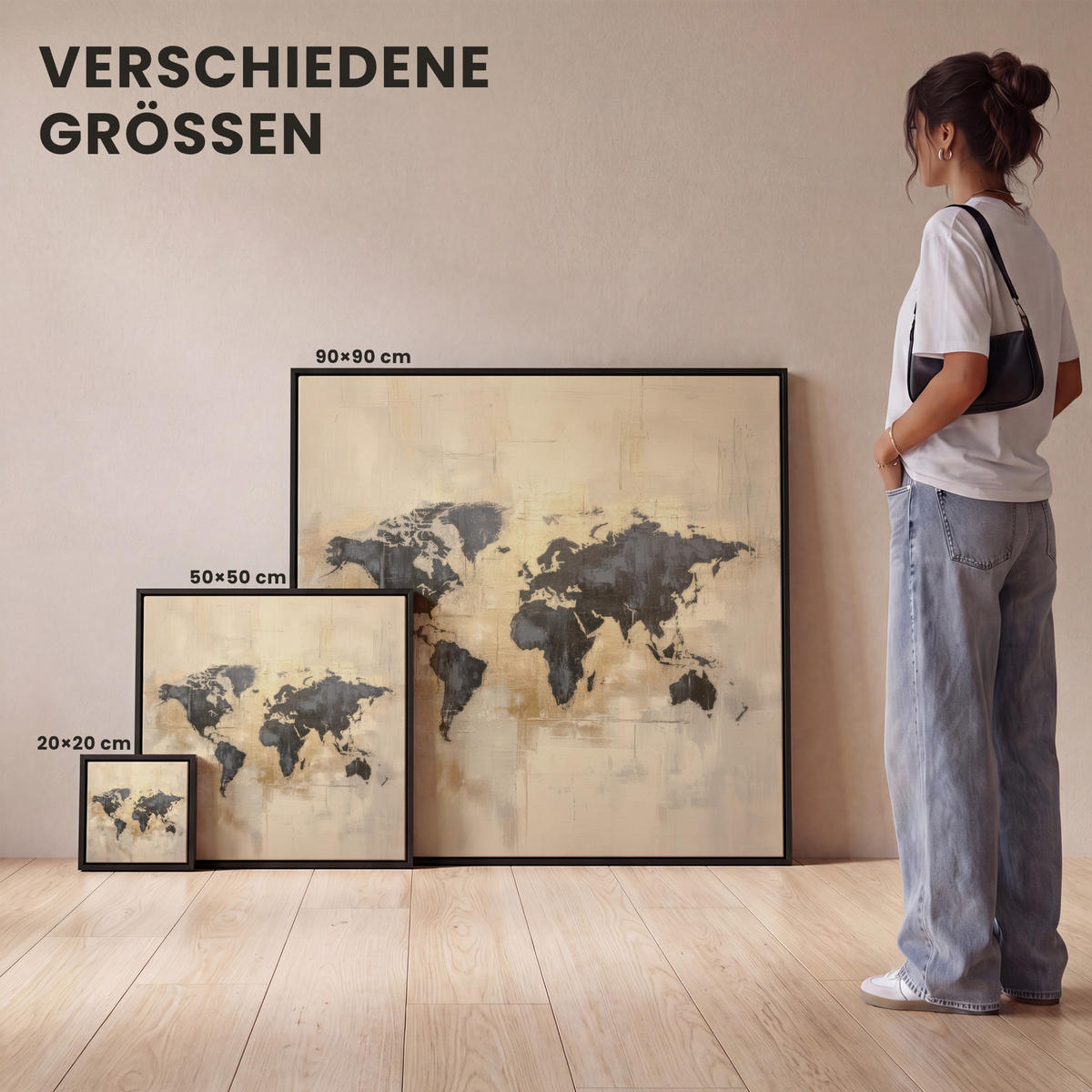 LEINWAND Bilder mit Rahmen - Weltkarte - Gold - Schwarz - Abstrakt - 20x20 - Kupferfarben, Textil (20/20cm) - MuchoWow