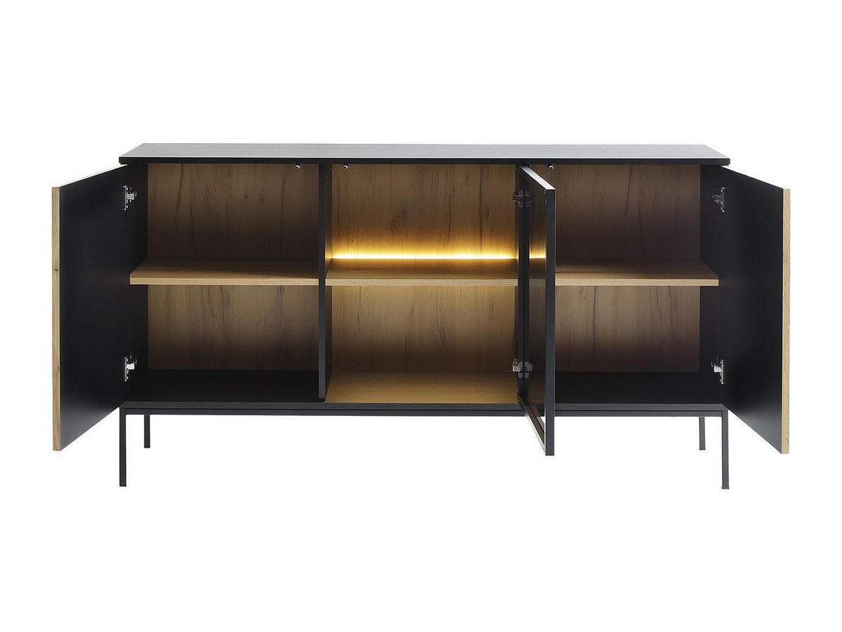 SIDEBOARD - 3 Türen - mit LED-Beleuchtung - MDF & Rauchglas - Schwarz & Holzfarben - OVILA - Schwarz, Holz (153.4/83.2/39cm) - Vente-Unique