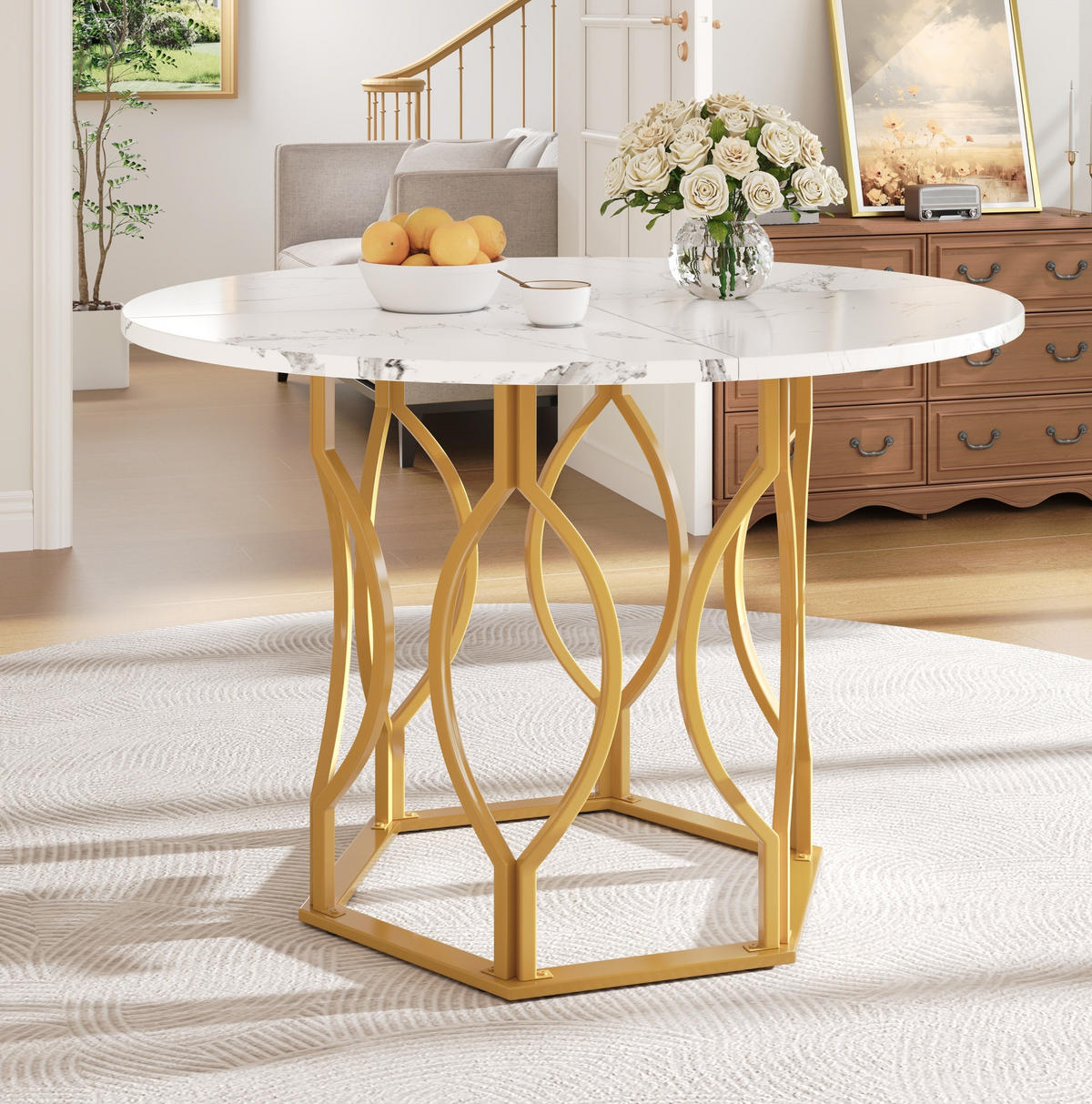 ESSTISCH 100/76/100 cm Weiß/Gold aus MDF und Metall mit verstellbaren Füßen - Goldfarben, Holzwerkstoff (100/100/76cm) - OKMYHOME
