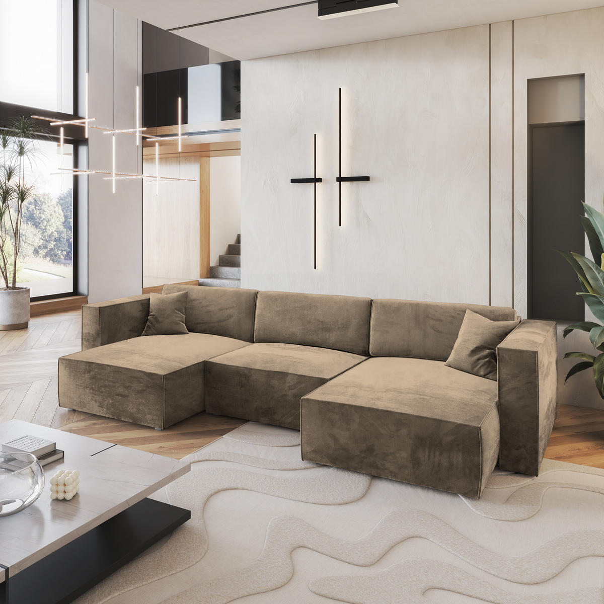 WOHNLANDSCHAFT SARMO M Beige Velours-Stoff mit Schlaffunktion - Beige, Holz (347/70/148cm) - MASSENO
