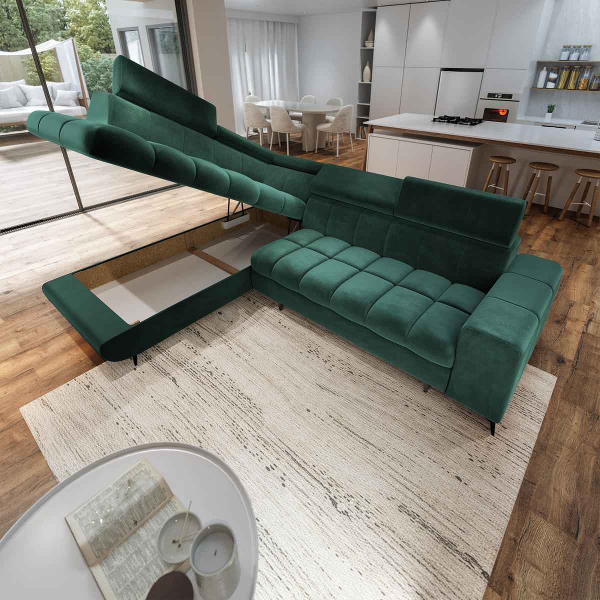 ECKSOFA MORIVA L-S Grün Velours-Stoff mit Schlaffunktion - Grün, Holz (253/190cm) - MASSENO