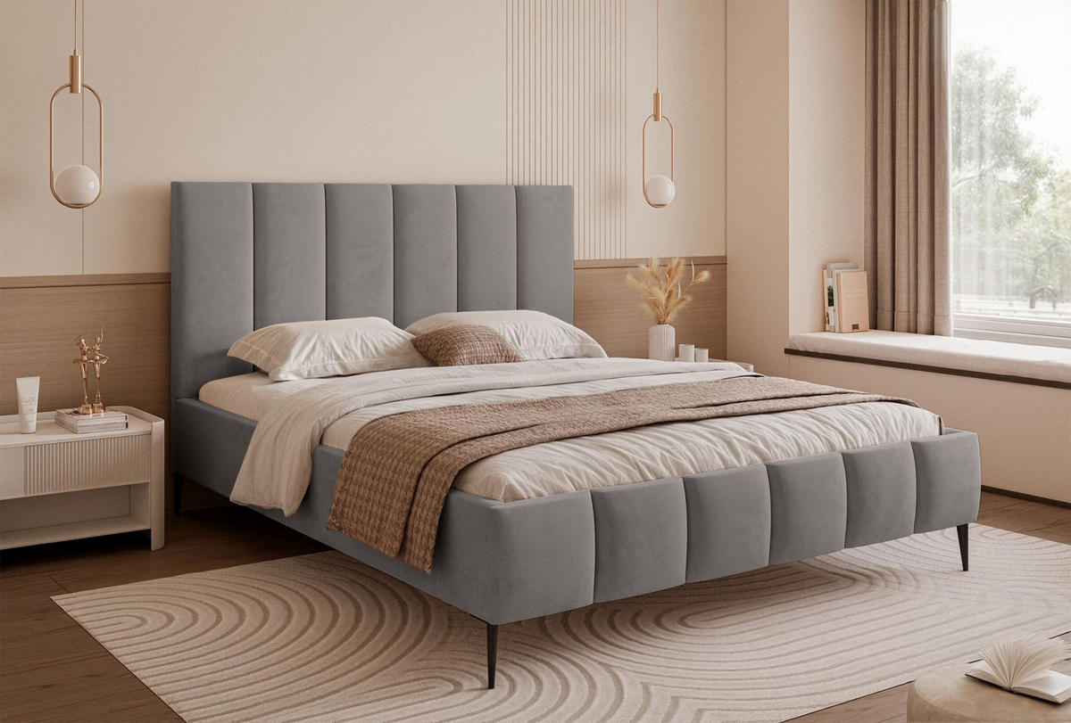 POLSTERBETT Sarafino Hellgrau Samt 160x200 cm - Hellgrau/Schwarz, Textil/Metall (160/200cm) - Selsey