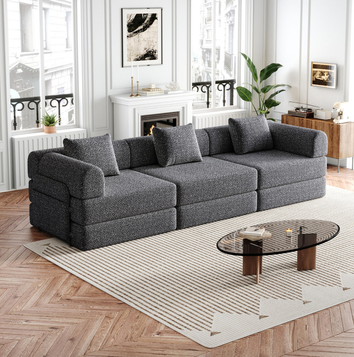 SCHLAFSOFA 2-in-1, Chenille mit Armlehnen-Staufach & Stahlrahmen, 91,4/274/69,8 cm, Grau - Grau, Textil (91.4/69.8/274cm) - Redom