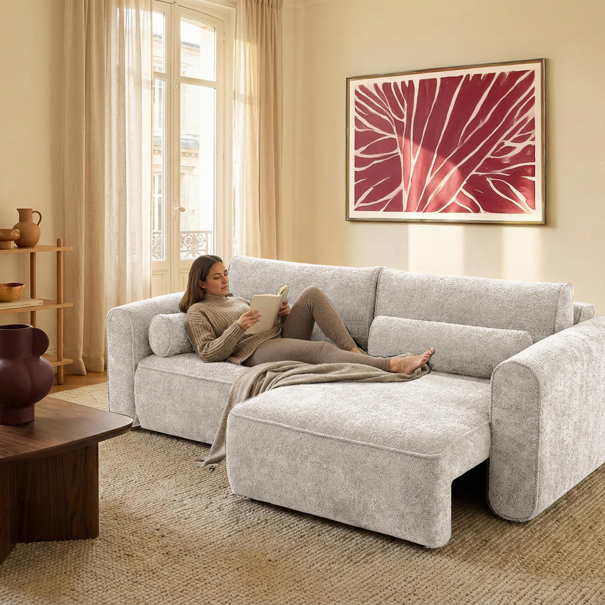 ECKSOFA Motion mit Schlaffunktion Funktional 3-sitzer Sofa - Beige, Textil (250/120cm) - Muffo