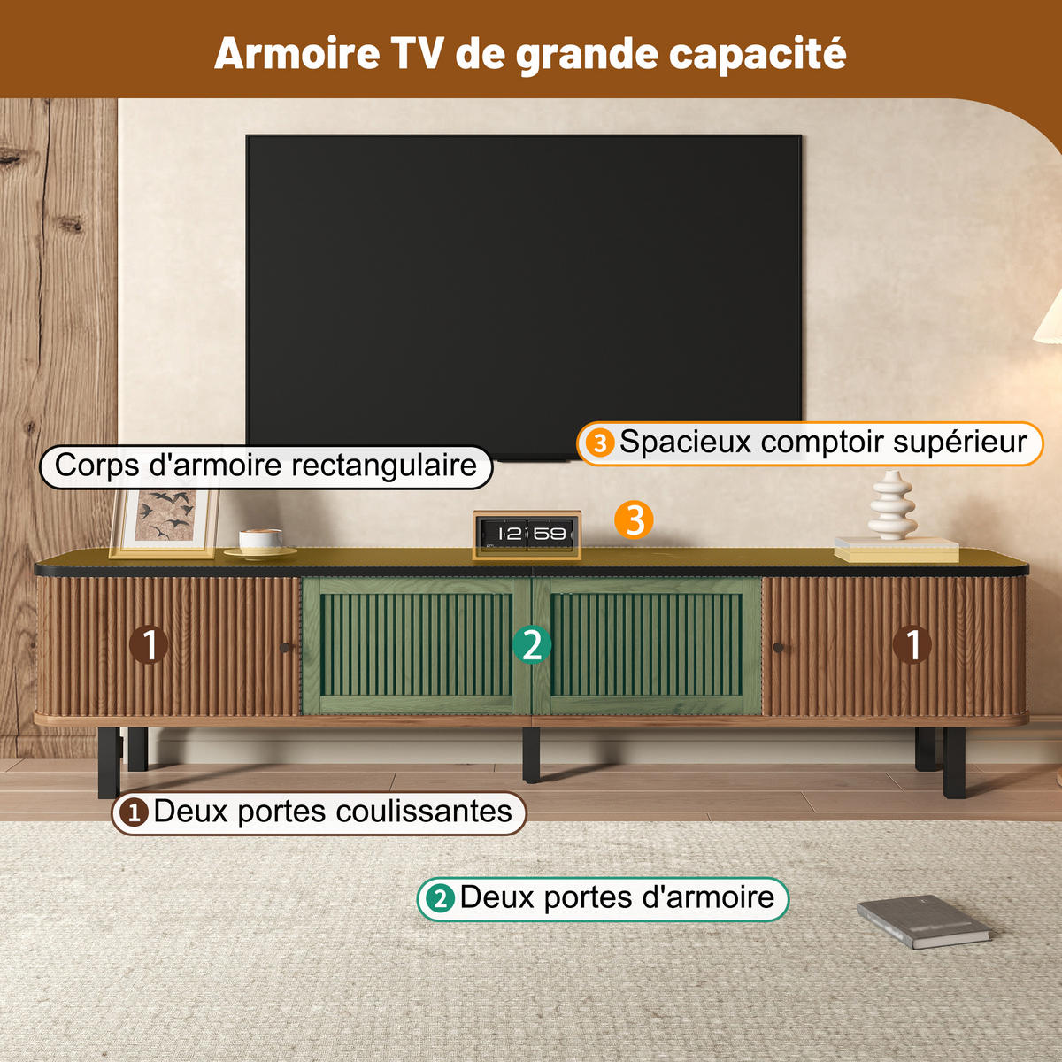 TV-LOWBOARD 190 x 30 x 45 cm, 2 Schiebetüren, Rattanoptik, runde Metallgriffe, Natur - Naturfarben, Holzwerkstoff (190/45/30cm)