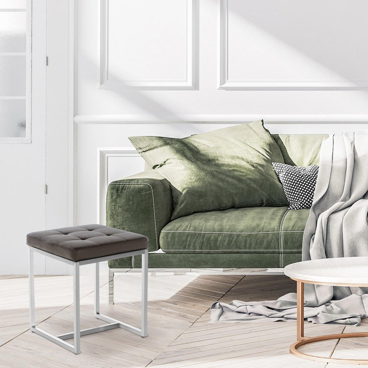HOCKER Lederlook braun - Edelstahlfarben/Braun, Textil/Metall (40/48/40cm) - CLP