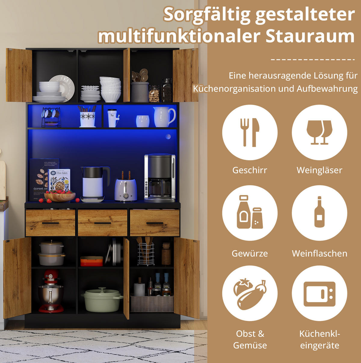 BUFFET 100/180/40 cm Schwarz/Natur aus MDF mit LED-Beleuchtung - Schwarz, Holzwerkstoff (40/180/100cm) - OKMYHOME
