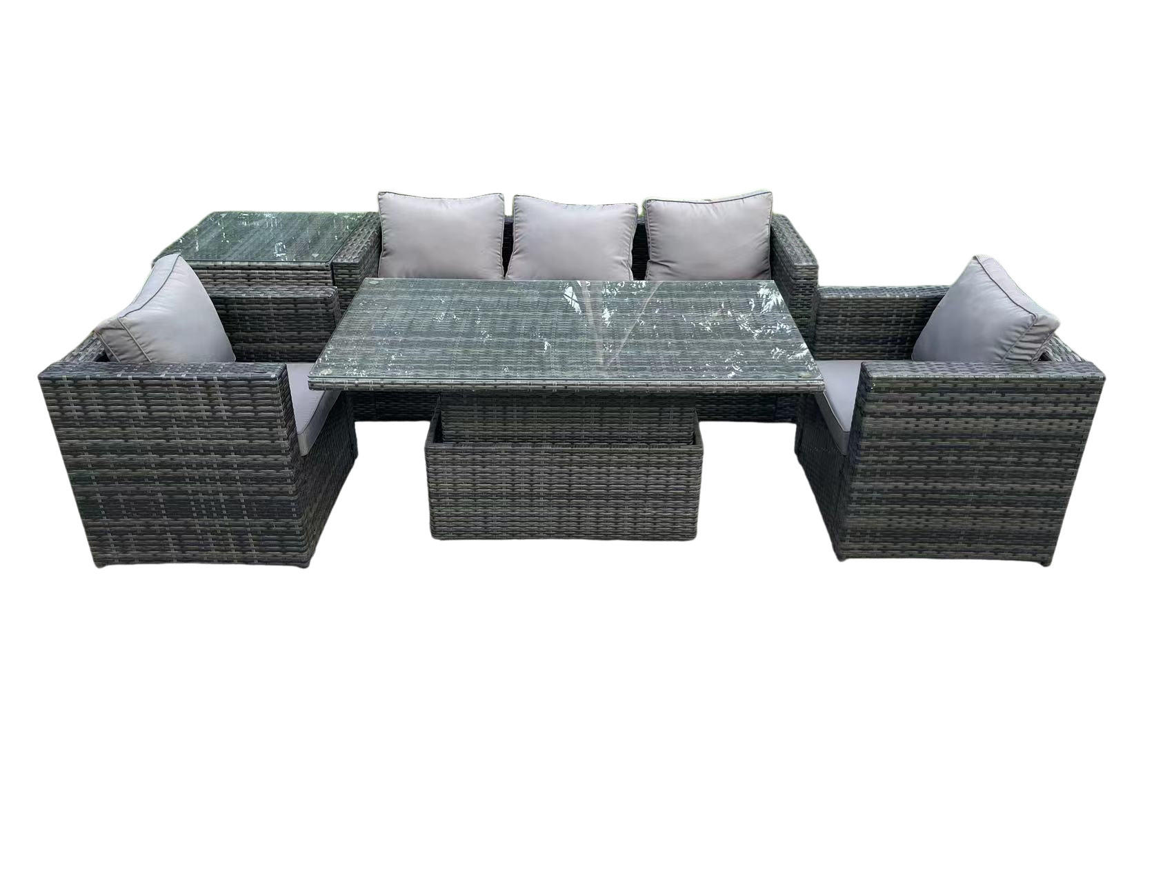 GARTENSET Polyrattan 5-Sitzer - Dunkelgrau/Grau, Glas/Kunststoff - Fimous