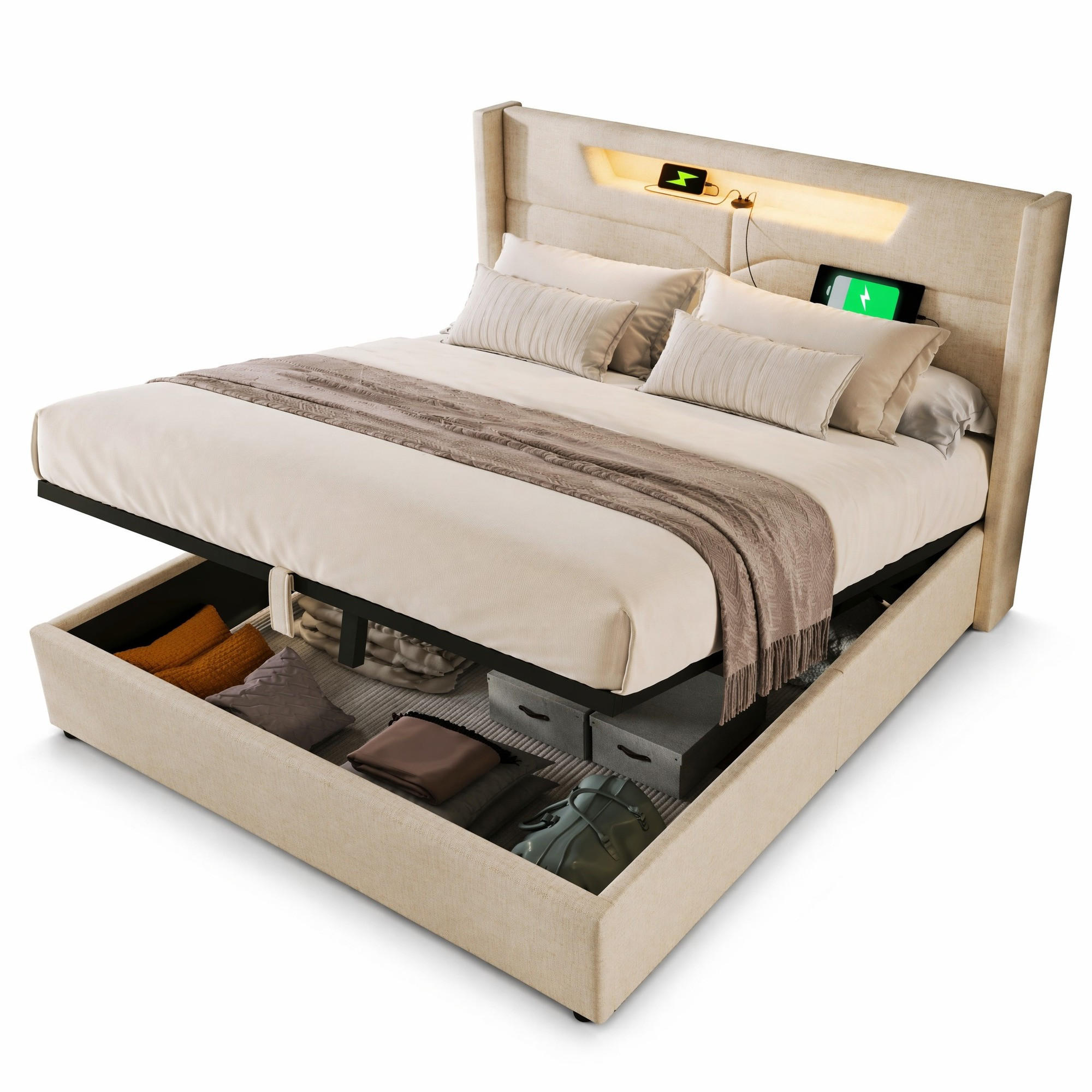 POLSTERBETT 160/200 cm in Beige Leinen mit Bettkasten, LED und USB/Type-C - Beige, Holzwerkstoff/Textil (160/200cm) - CHICFURN