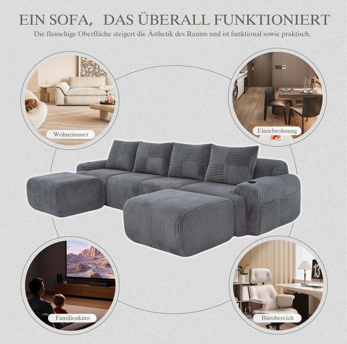 WOHNLANDSCHAFT Modulares 4-Sitzer Sofa 333/174/80 cm dunkelgrau aus Cord mit Getränkehalter und Aufbewahrungstasche - Dunkelgrau, Textil (174/80/333cm) - Modenvie