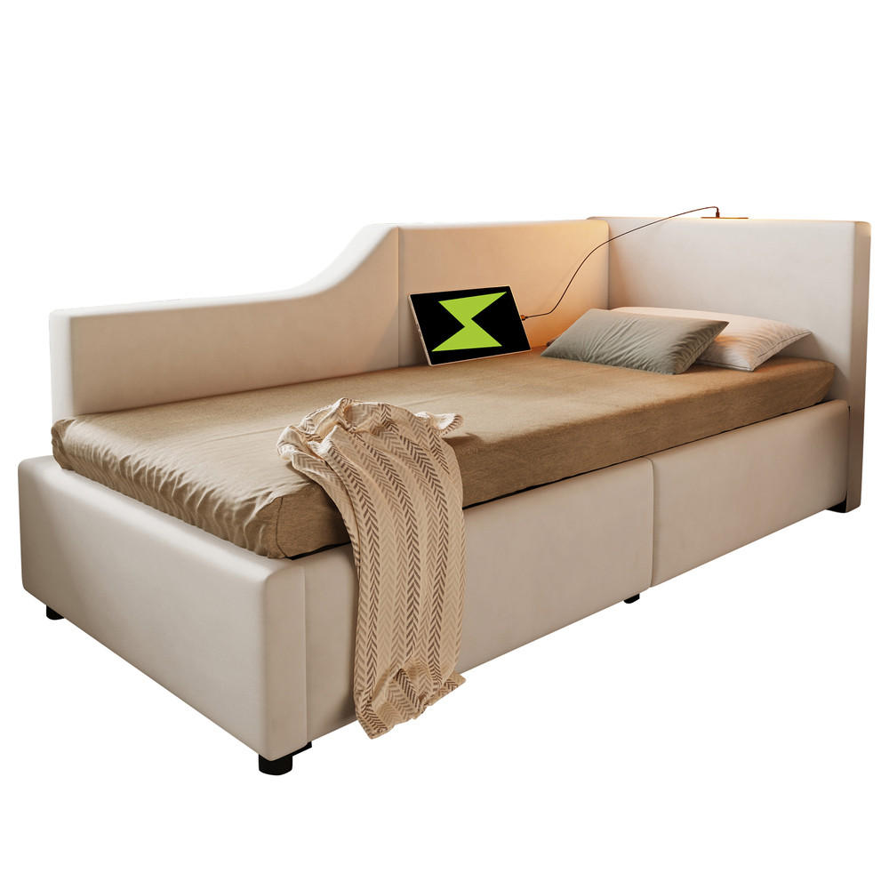 TAGESBETT 90x190cm Schlafsofa hydraulisch USB-C Leselicht Beige Samt - Beige, Holz - FLIEKS