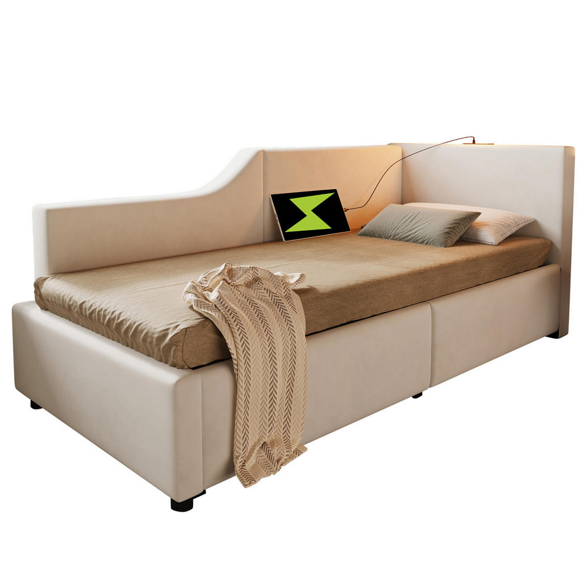 TAGESBETT 90x190cm Schlafsofa hydraulisch USB-C Leselicht Beige Samt - Beige, Holz - FLIEKS