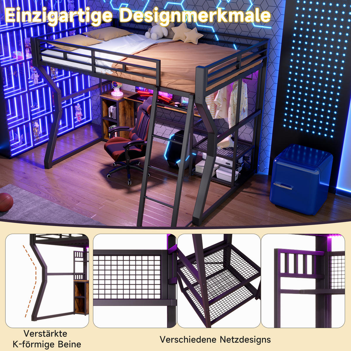 HOCHBETT 140/200 cm in Schwarz mit LED, Steckdose, Schreibtisch und Kleideraufhängung - Schwarz, Holzwerkstoff/Metall (90/200cm) - STILVORA