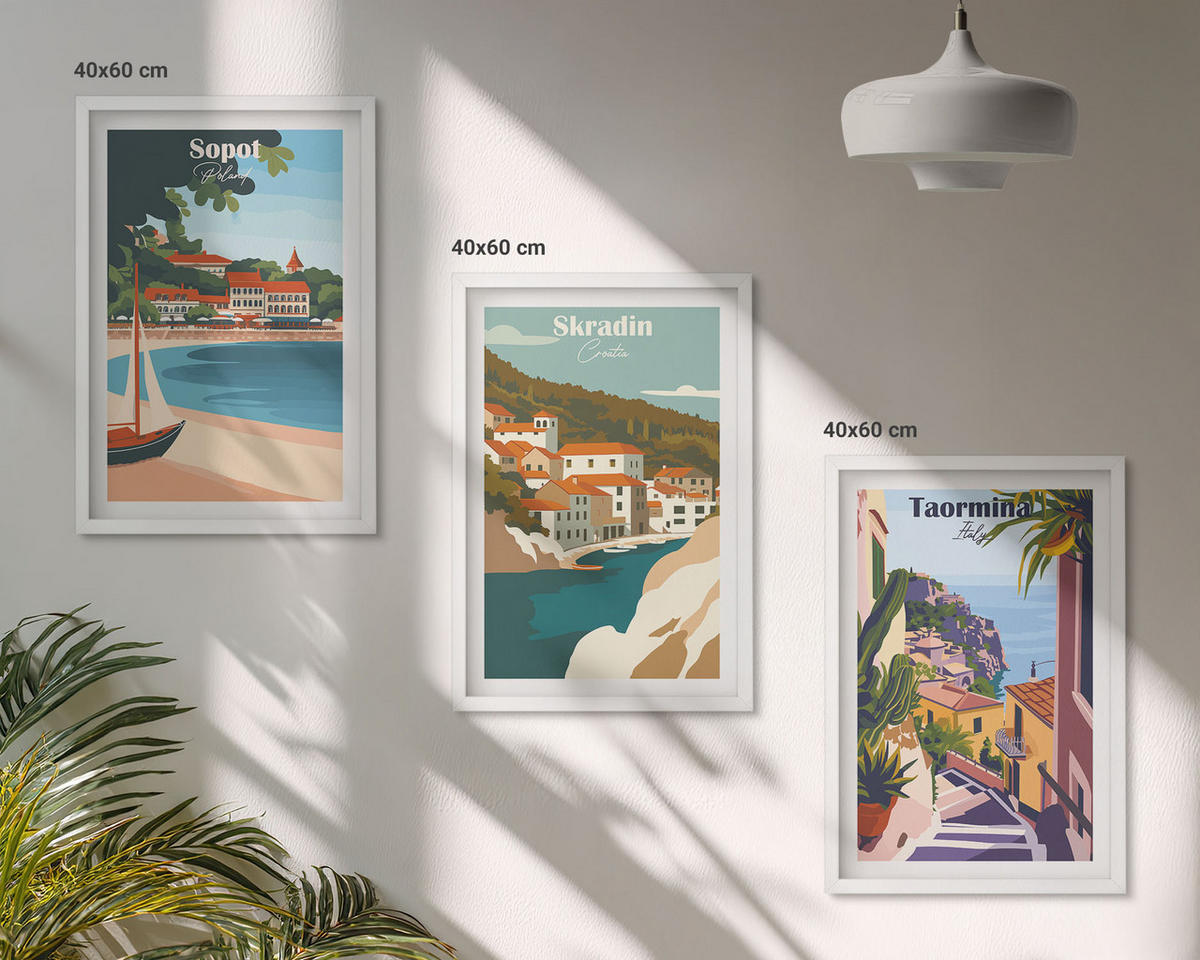 WANDBILDER 3er-Set - 40x60 cm Weißer Rahmen - Illustrationen von Küstenstädten - Weiß, Kunststoff (40/60cm) - ArtPrintCave