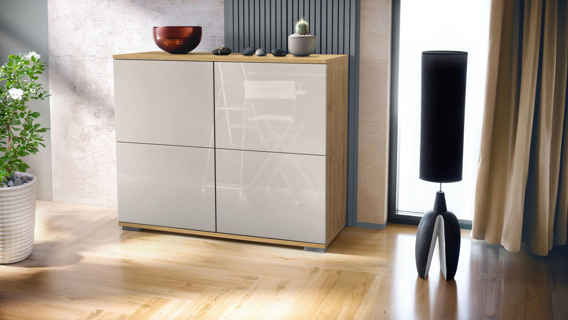 KOMMODE Rova Sandgrau Hochglanz - Sandfarben, Holzwerkstoff (92.5/75.5/35cm) - Vladon