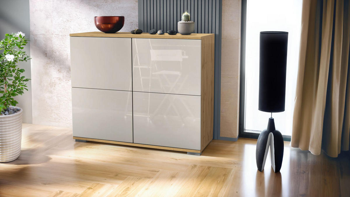 KOMMODE Rova Sandgrau Hochglanz - Sandfarben, Holzwerkstoff (92.5/75.5/35cm) - Vladon