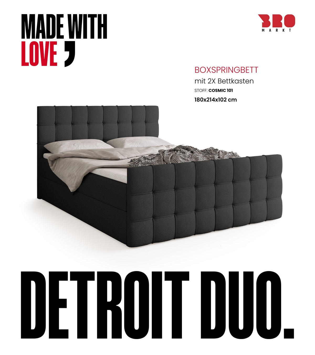 BOXBETT Detroit Duo mit Topper 180/200 Graphite - Graphitfarben, Textil (180/200cm) - Bromarkt