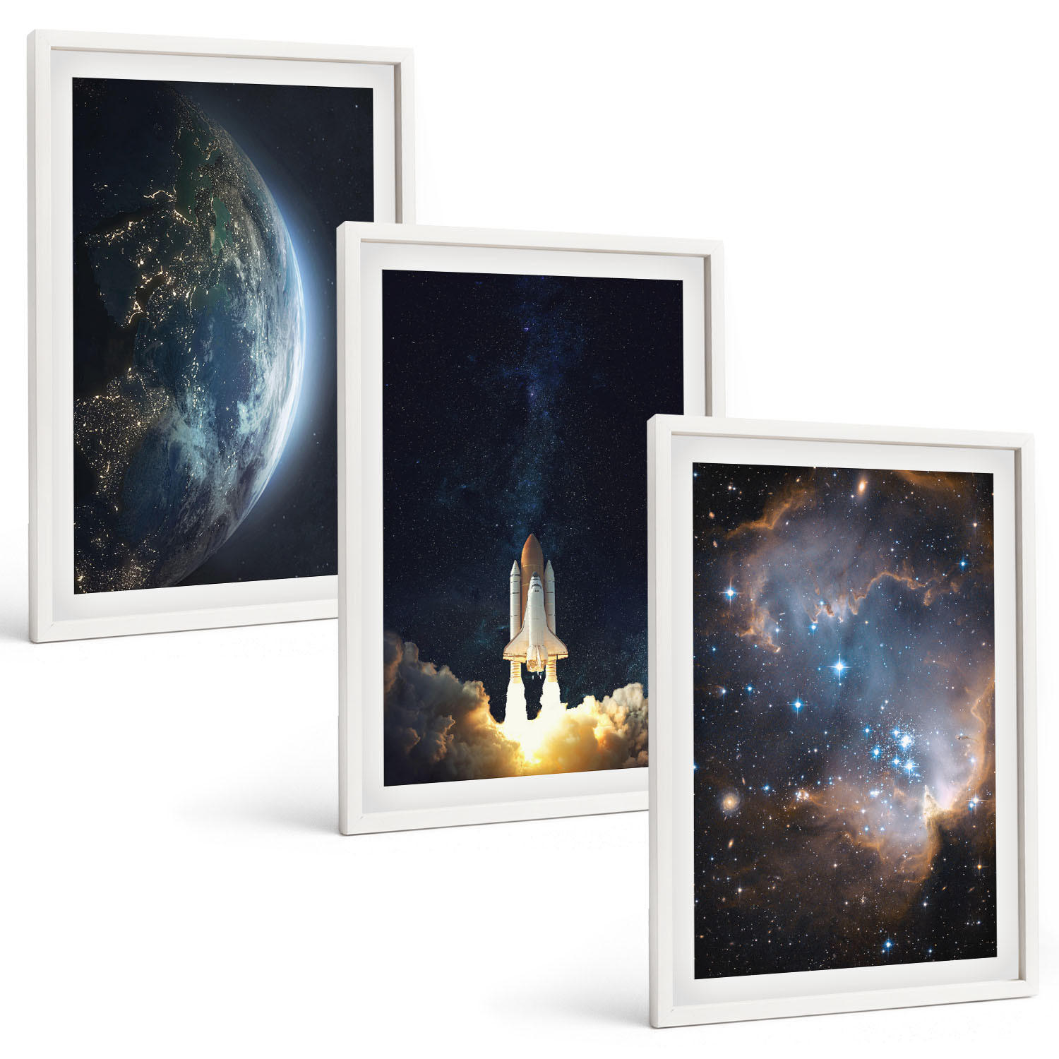 BILDER SET 3er Set - 40x60 cm Weißer Rahmen - Weltraum Erde Rakete Galaxie - Weiß, Kunststoff (40/60cm) - TULUP