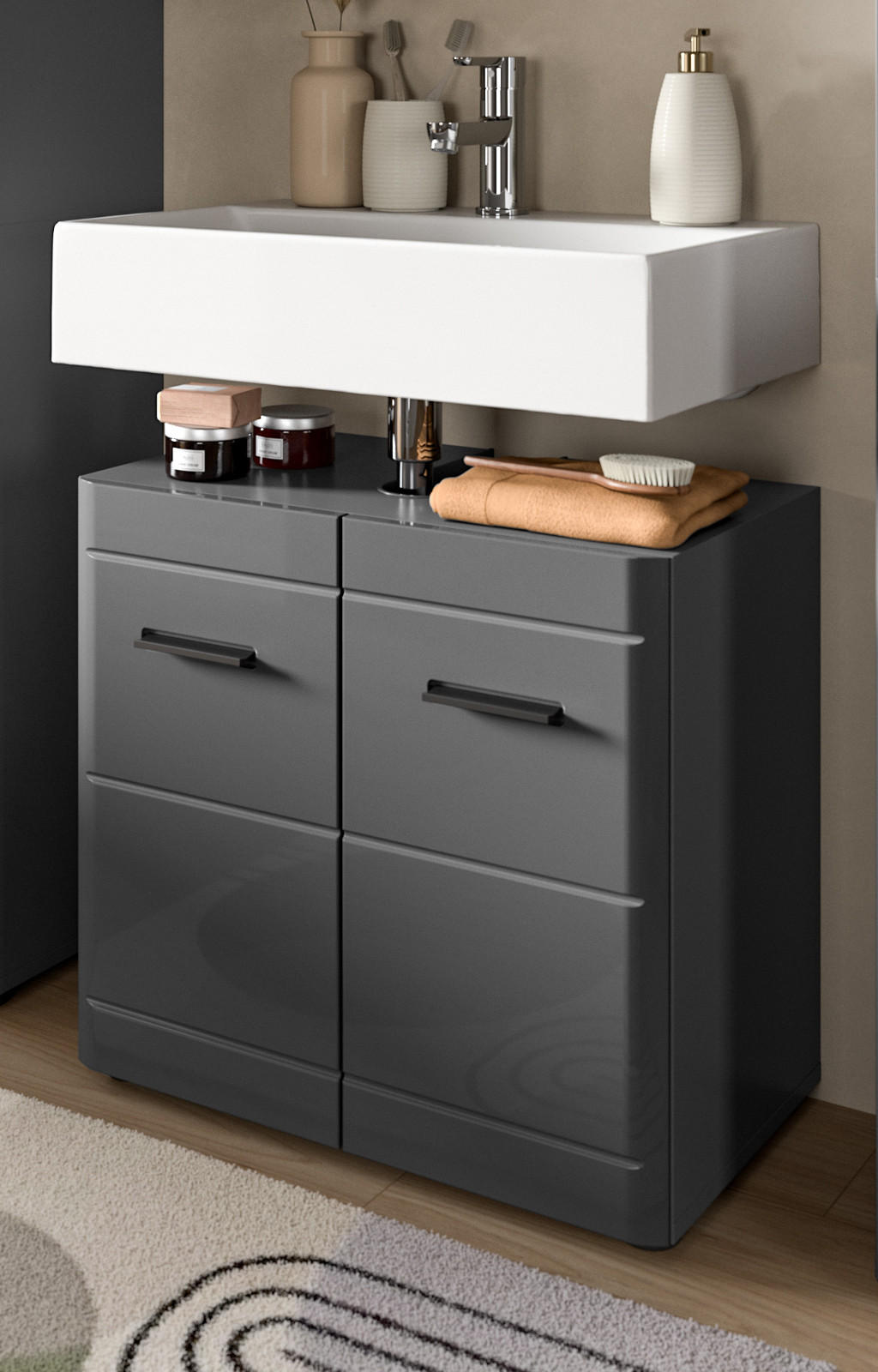WASCHBECKENUNTERSCHRANK grau Hochglanz 60 cm mit Soft-Close - Schwarz/Grau, Holzwerkstoff/Kunststoff (60/56/34cm) - Inn.Furn