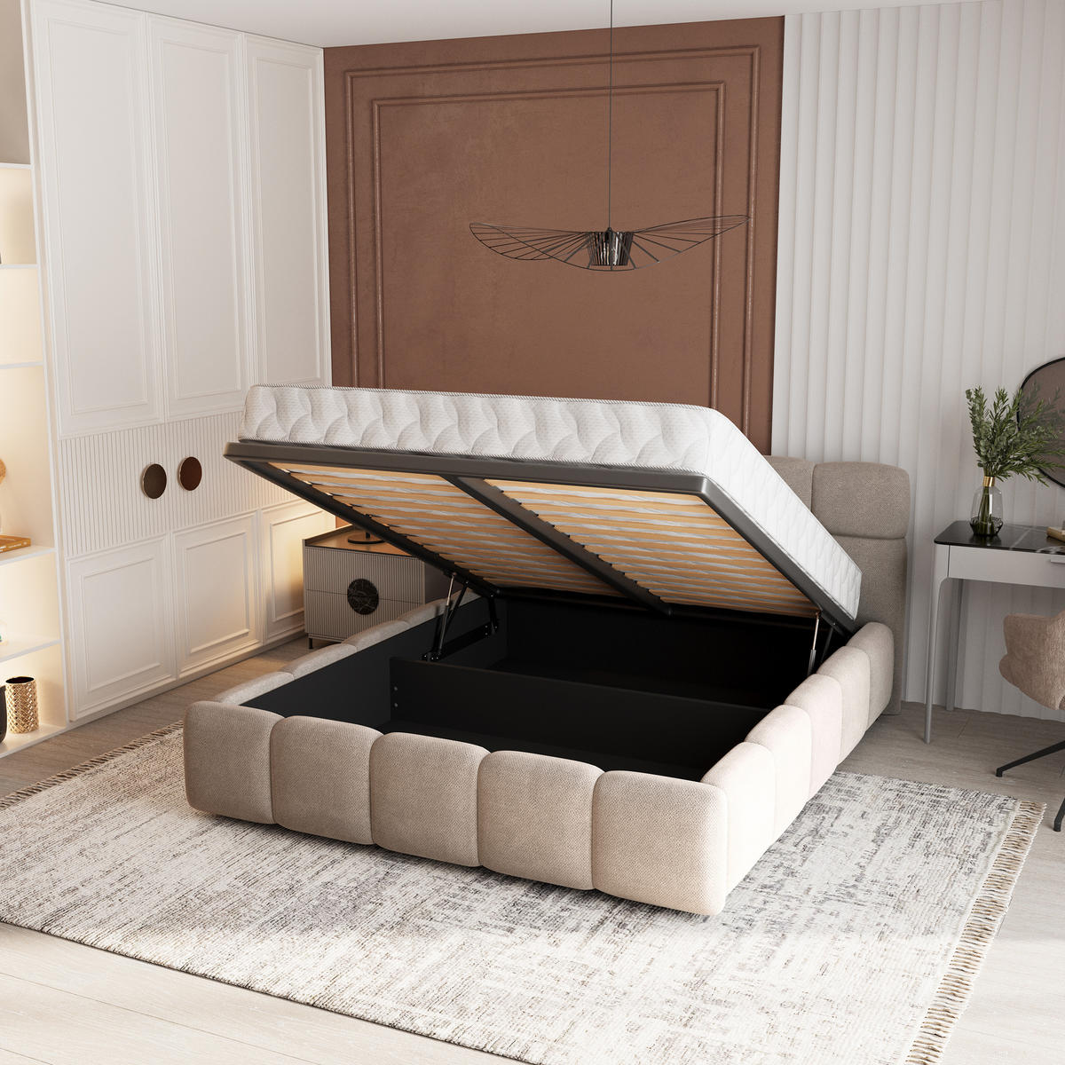 POLSTERBETT FARU SR 180x200 cm mit Bettkästen - Beige - Beige, Holz (180/200cm) - MASSENO