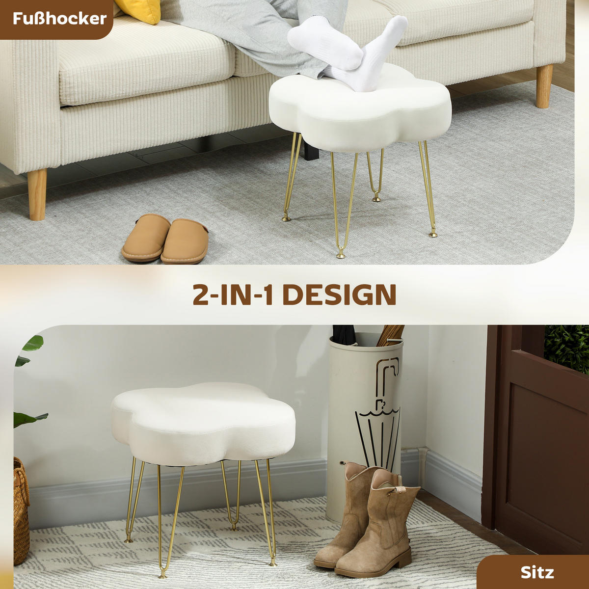 HOCKER Sitzhocker in Kleeblattform mit Stahlbeinen Fußhocker mit Samtoptik Creme - Weiß, Textil (41/40/41cm) - HOMCOM