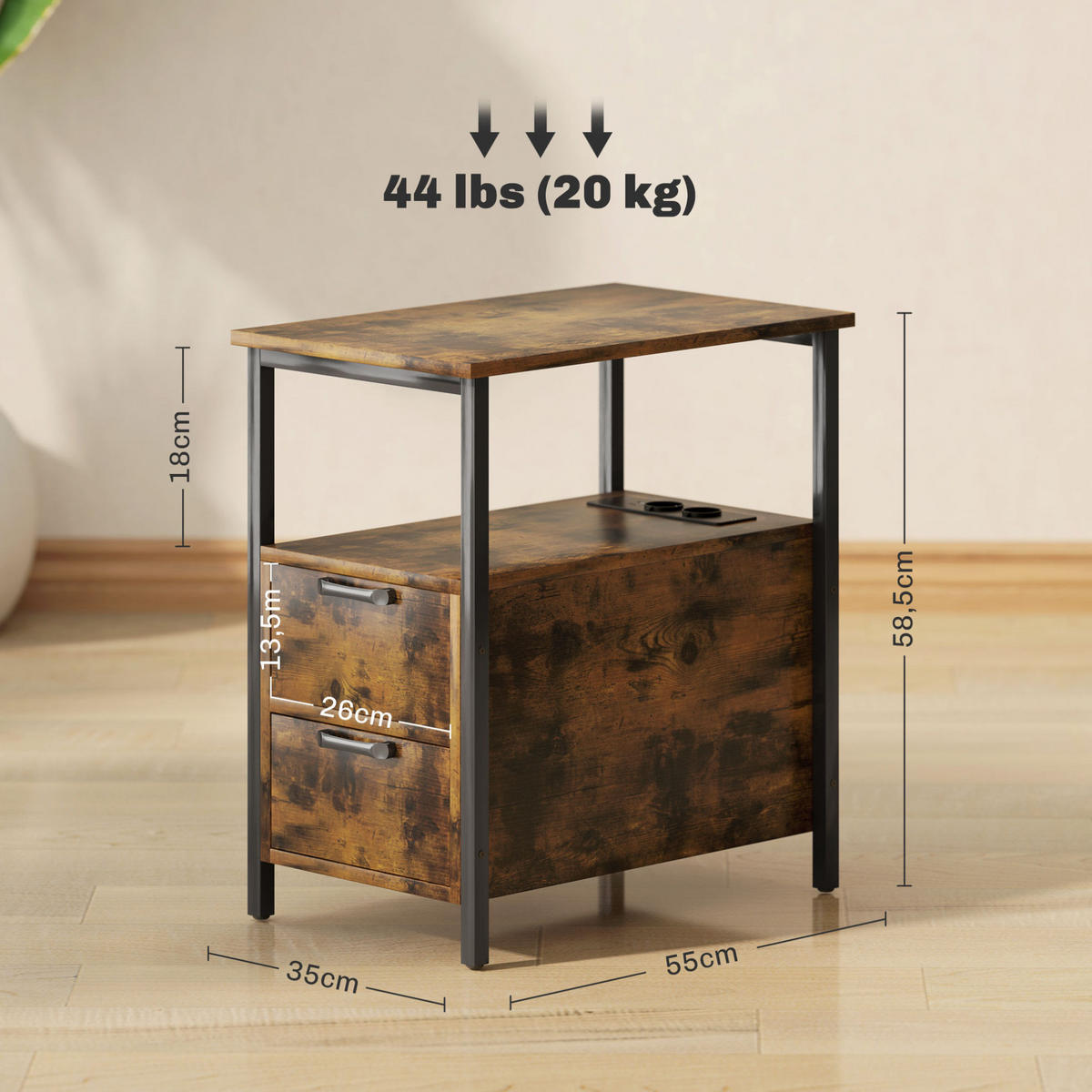 BEISTELLTISCH aus Holz und Metall 55x35x58,5 cm Braun mit Ladestation und 2 Schubladen - Braun, Holzwerkstoff (55/35/58.5cm) - IVMEU