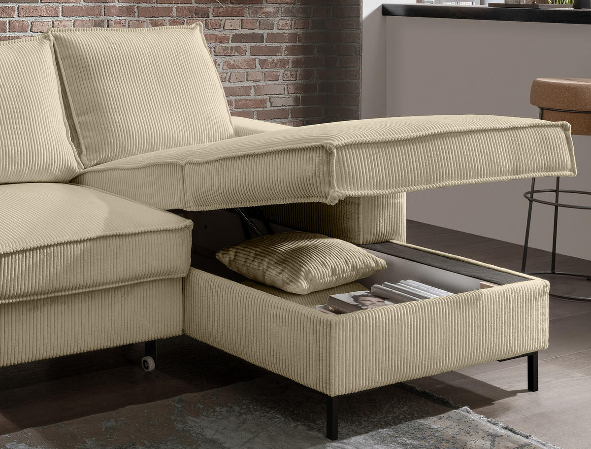 ECKSOFA mit Schlaffunktion, Bettkasten, Wellenunterfederung, Récamiere rechts B240/T150/H92 cm, Liegefl. 125x198 cm, Cord Beige Grau / 17220 - Greige/Beige, Textil/Metall (240/150cm) - luma-home