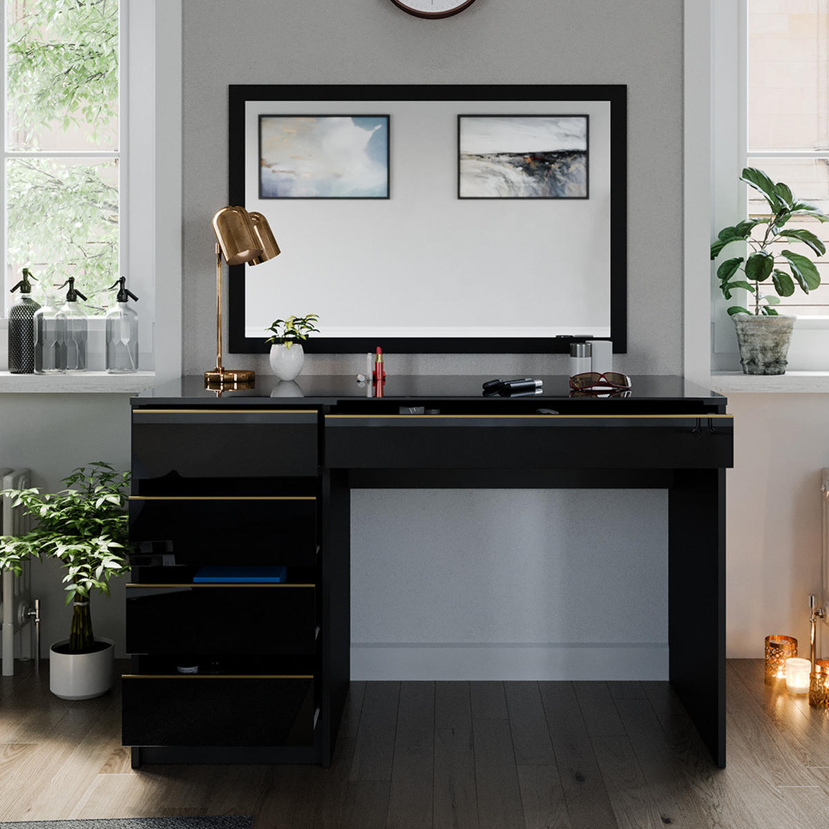 SCHREIBTISCH Sherry Schwarz/Gold 120 cm - Goldfarben/Schwarz, Holzwerkstoff (120/55/75cm) - Vicco