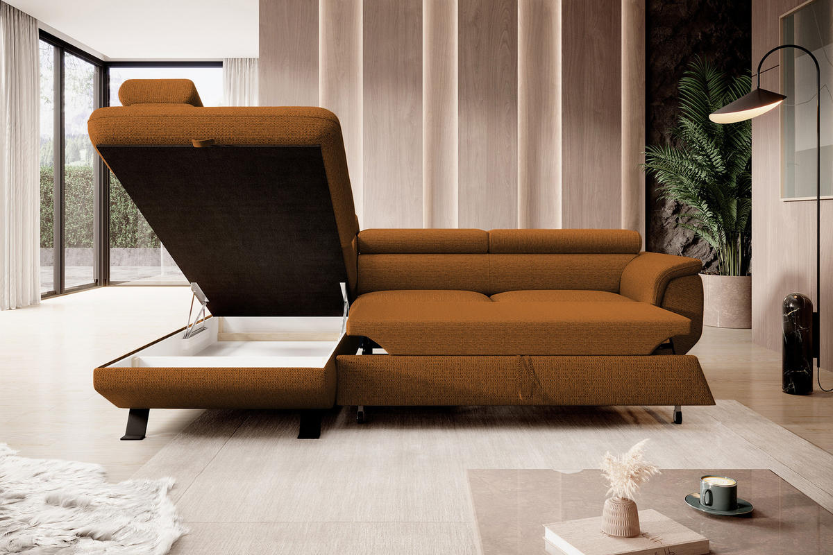 ECKSOFA RAVEN L mit Schlaffunktion und Bettkasten, Freistehend, Polstersofa mit Verstellbaren Kopfstützen, 257x198x96 cm, Linke, Braun - Braun, Holz/Textil (198/256cm) - DomoHome