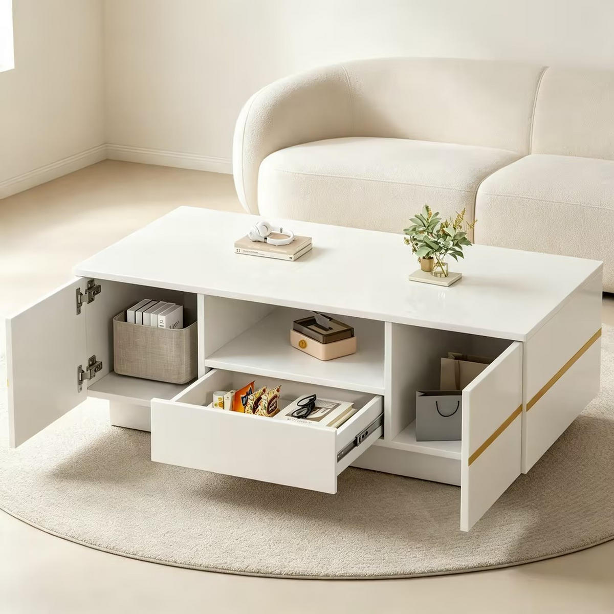 COUCHTISCH mit LED Weiß/Gold 100/50/35,5 cm 2 Türen - Weiß, Holzwerkstoff (100/50/35.5cm)