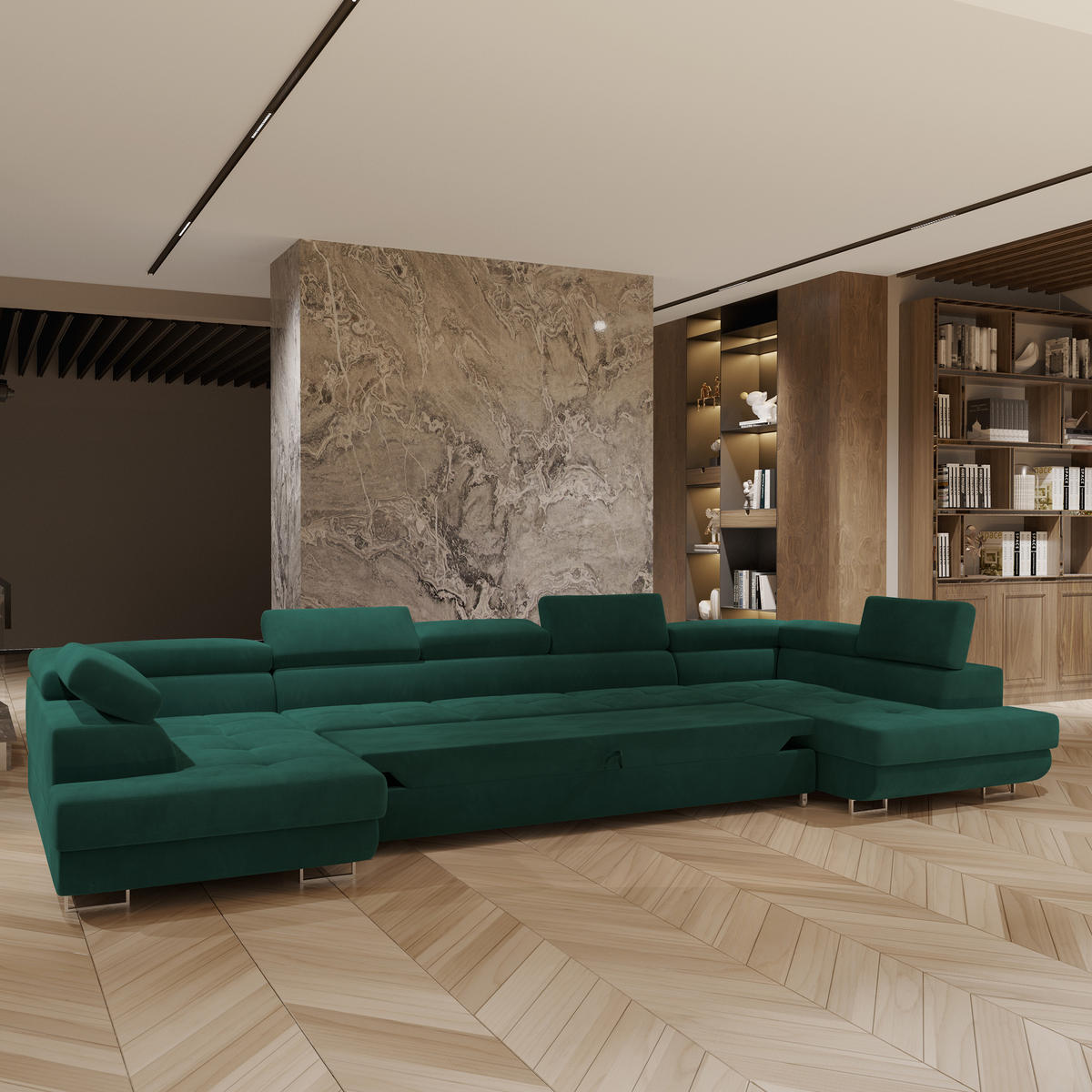 WOHNLANDSCHAFT ISOLANO Grün Velours-Stoff mit Schlaffunktion - Grün, Holz (408/90/202cm) - MASSENO